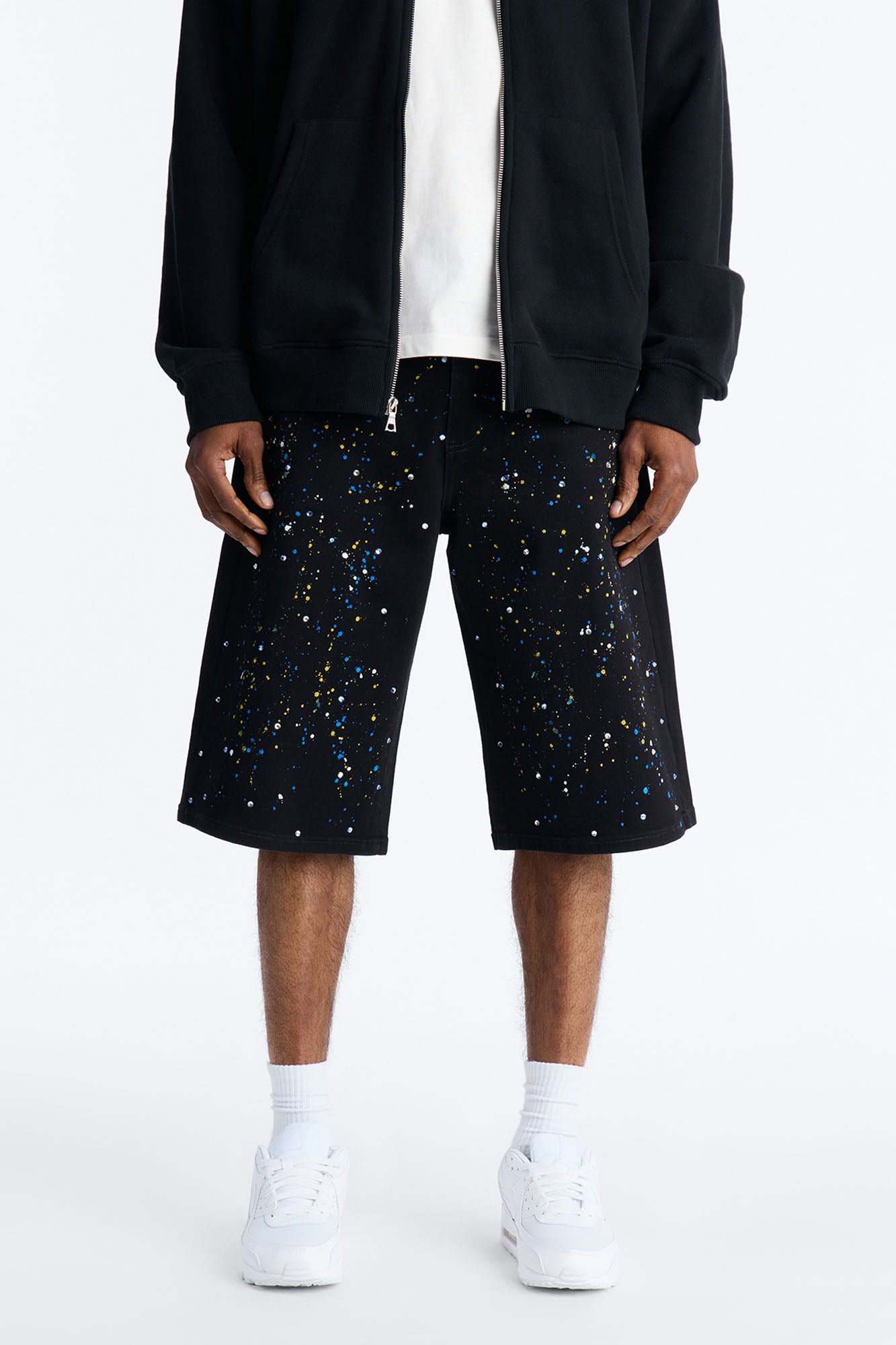 Baggy Drip Bling Denim Shorts - Black