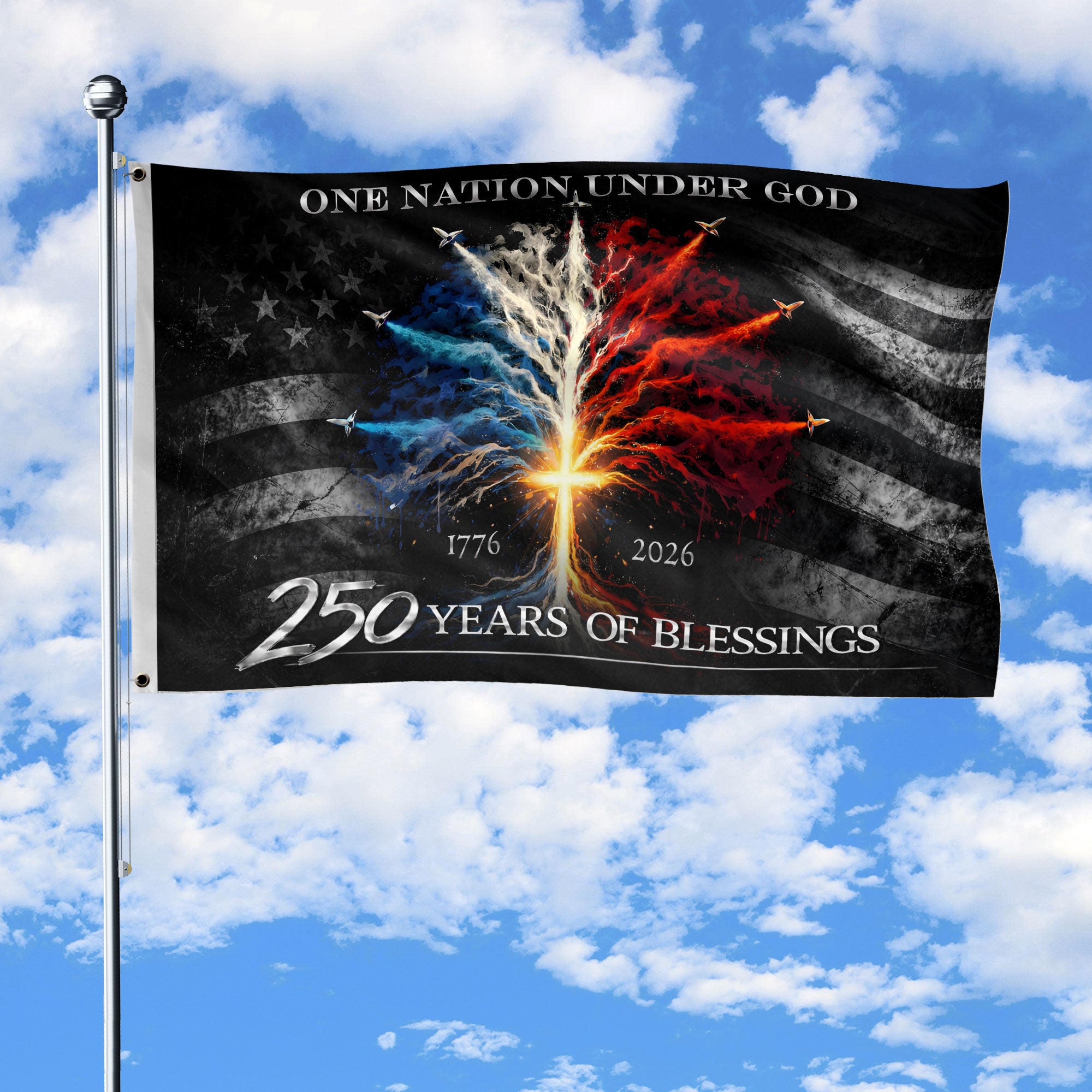 1776-2026 Christian Flag Banner with Cross Tree Jet Fighters Patriotic 250th Anniversary Double-Sided