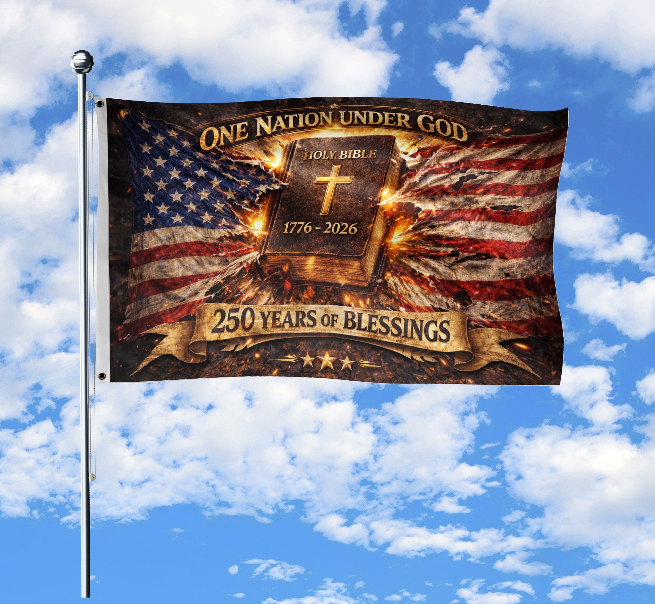 1776-2026 One Nation Under God 250th Anniversary Double Sided Christian USA House Flag
