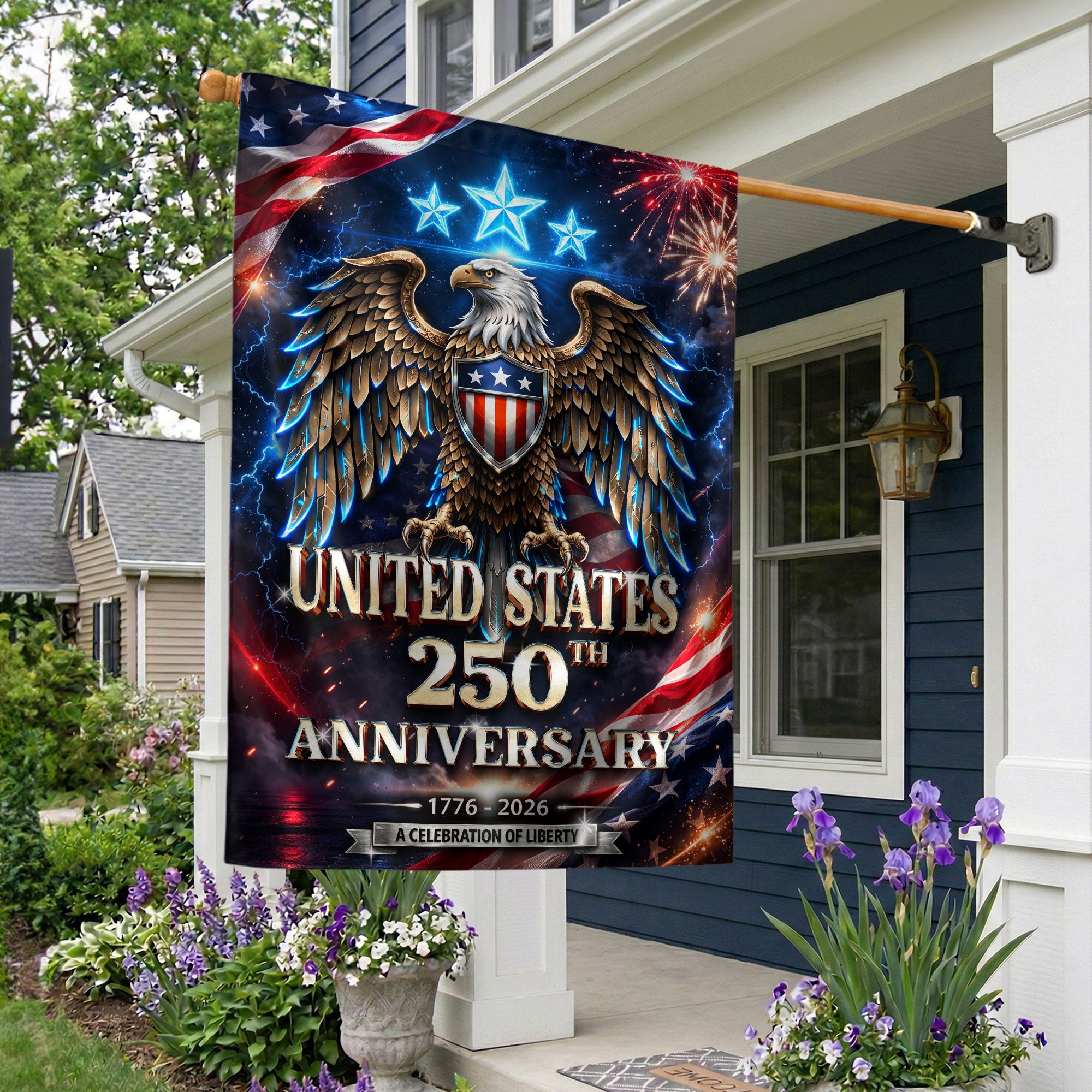 1776-2026 USA 250 Years House Flag Bald Eagle Fireworks Double Sided Outdoor Banner