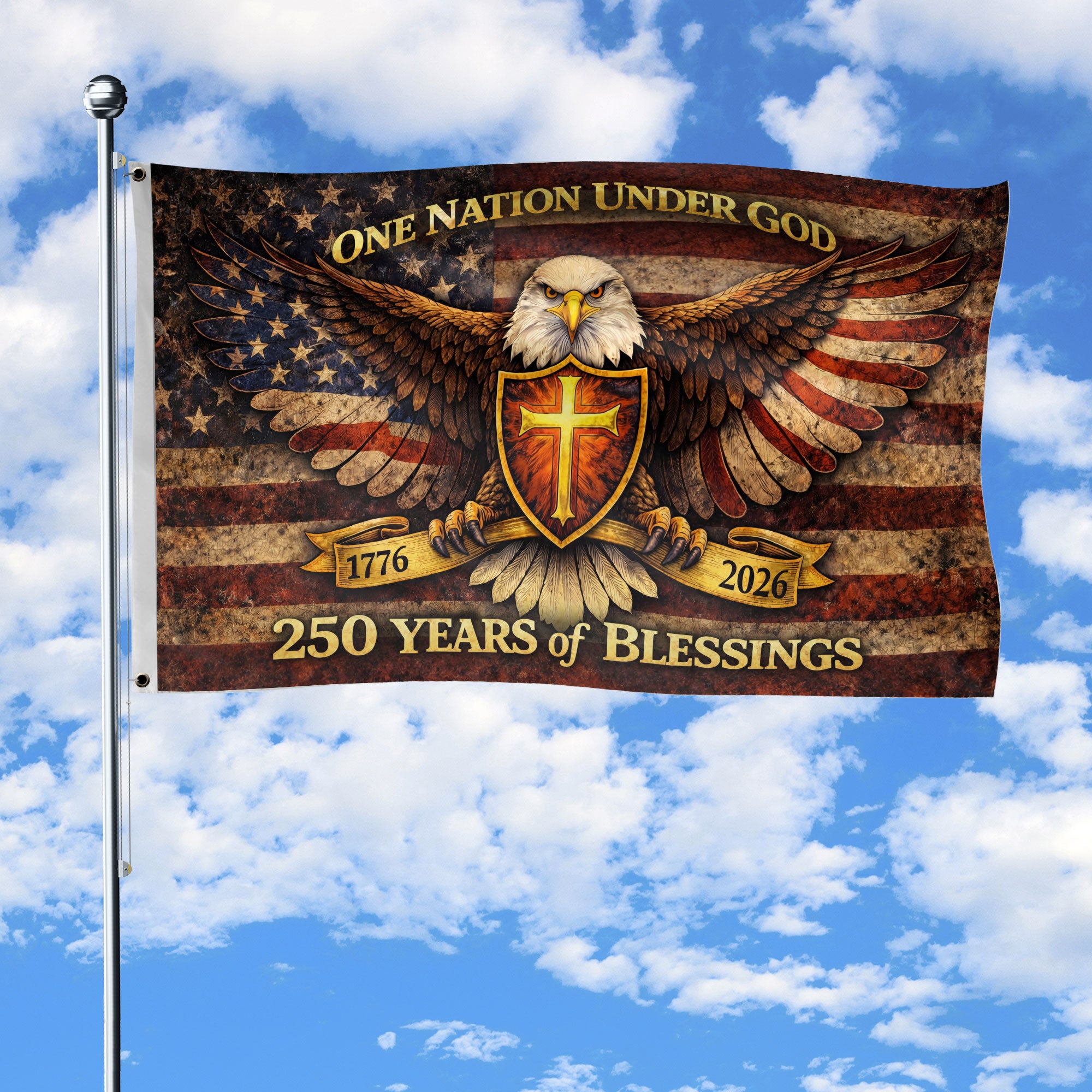 250 Years America Anniversary Eagle Flag One Nation Under God Double Sided 1776-2026 Banner