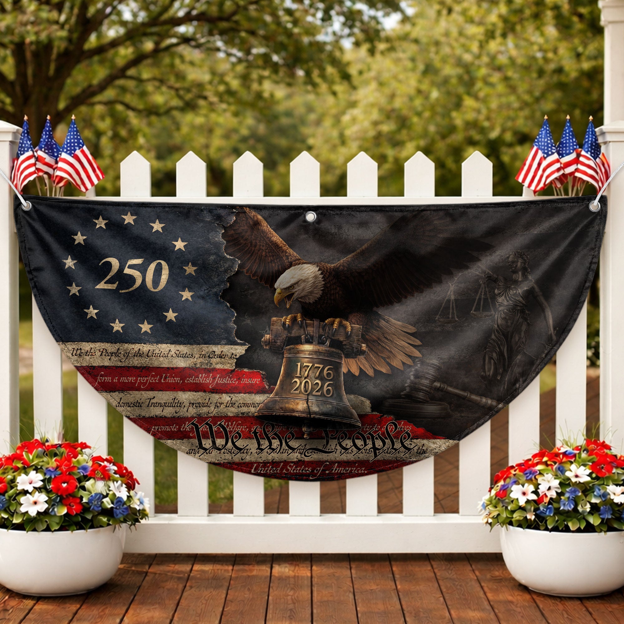 250 Years Liberty Bell Fence Flag with Bald Eagle and We The People - Patriotic Outdoor Banner