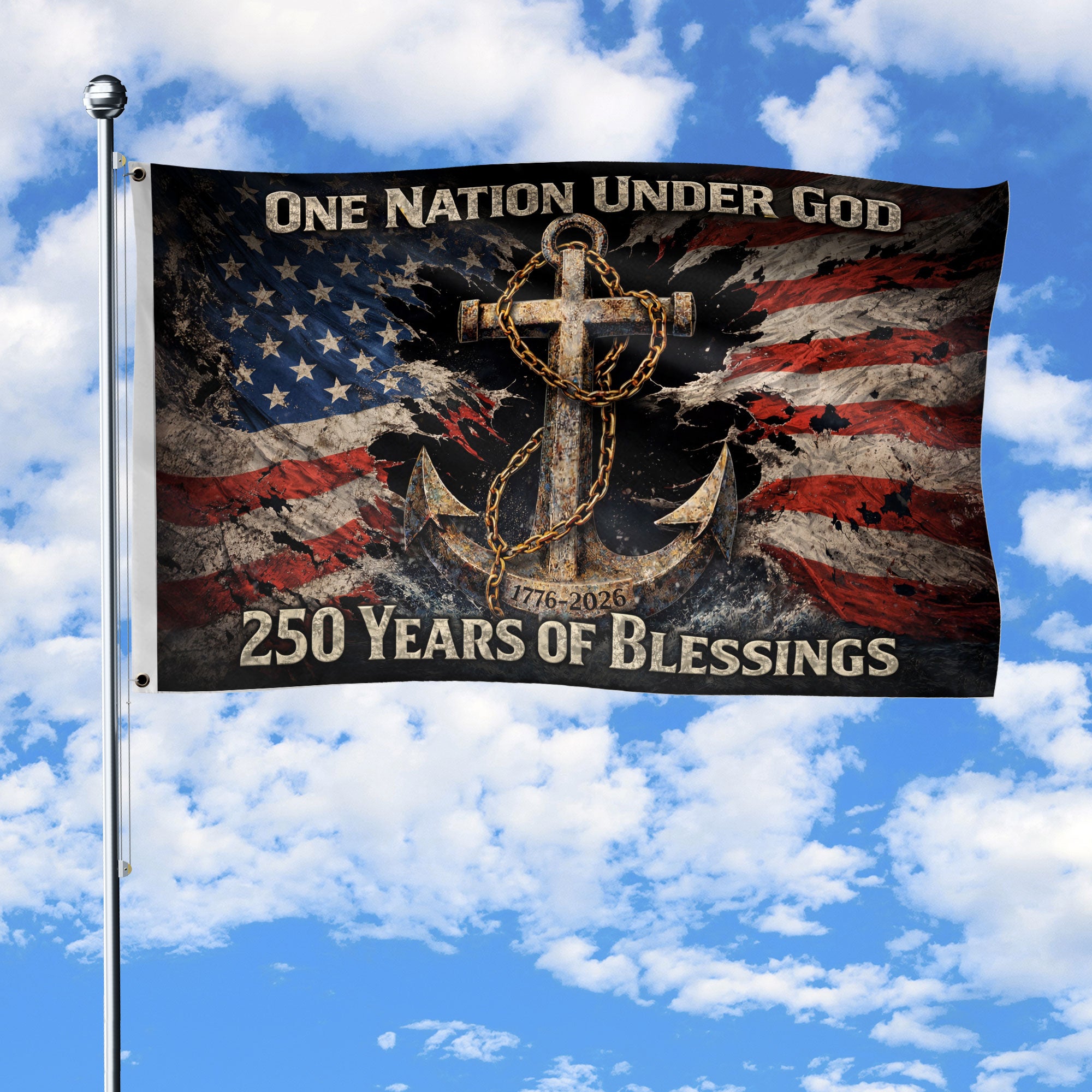 250 Years of Blessings Christian Flag 1776-2026 Anchor Cross Chain Patriotic Double Sided Banner