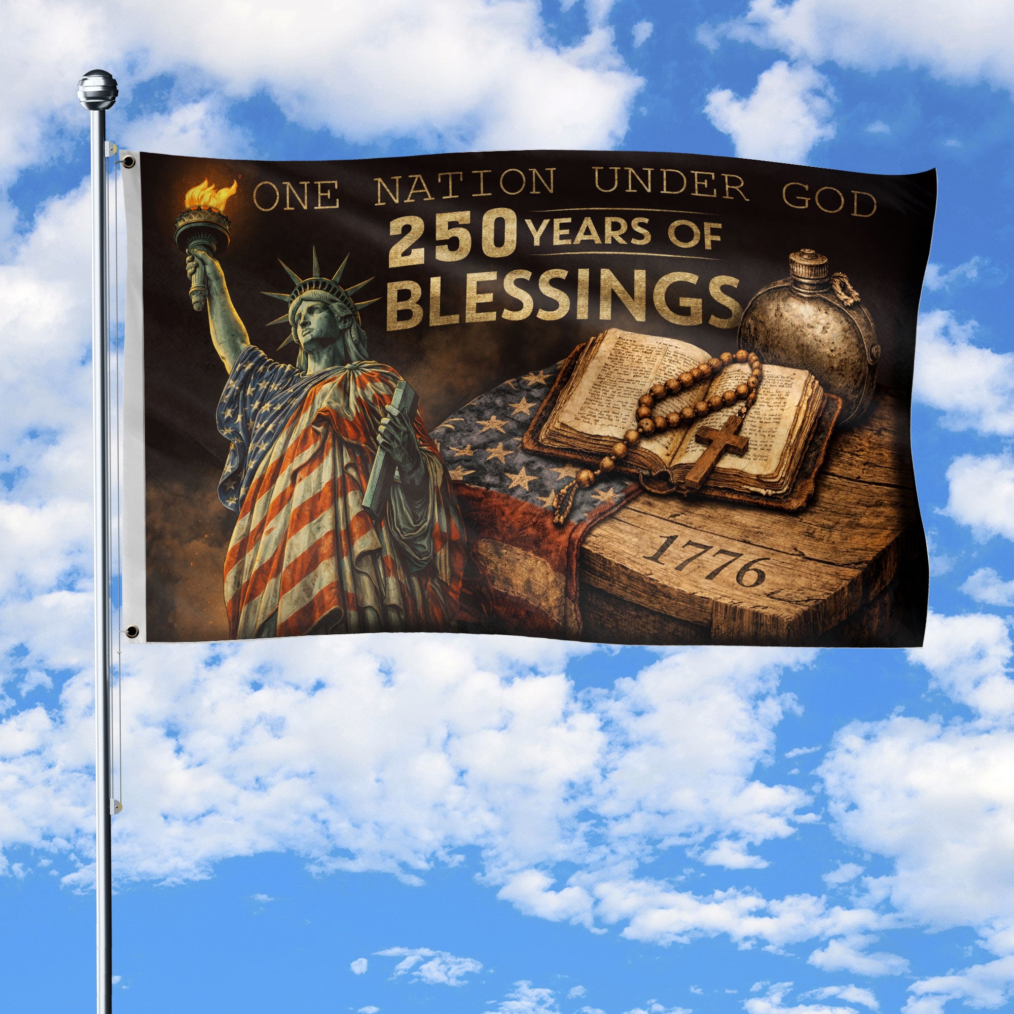 250 Years of Blessings Cross Flag - One Nation Under God Christian USA Outdoor Patriotic Flag 1776-2026