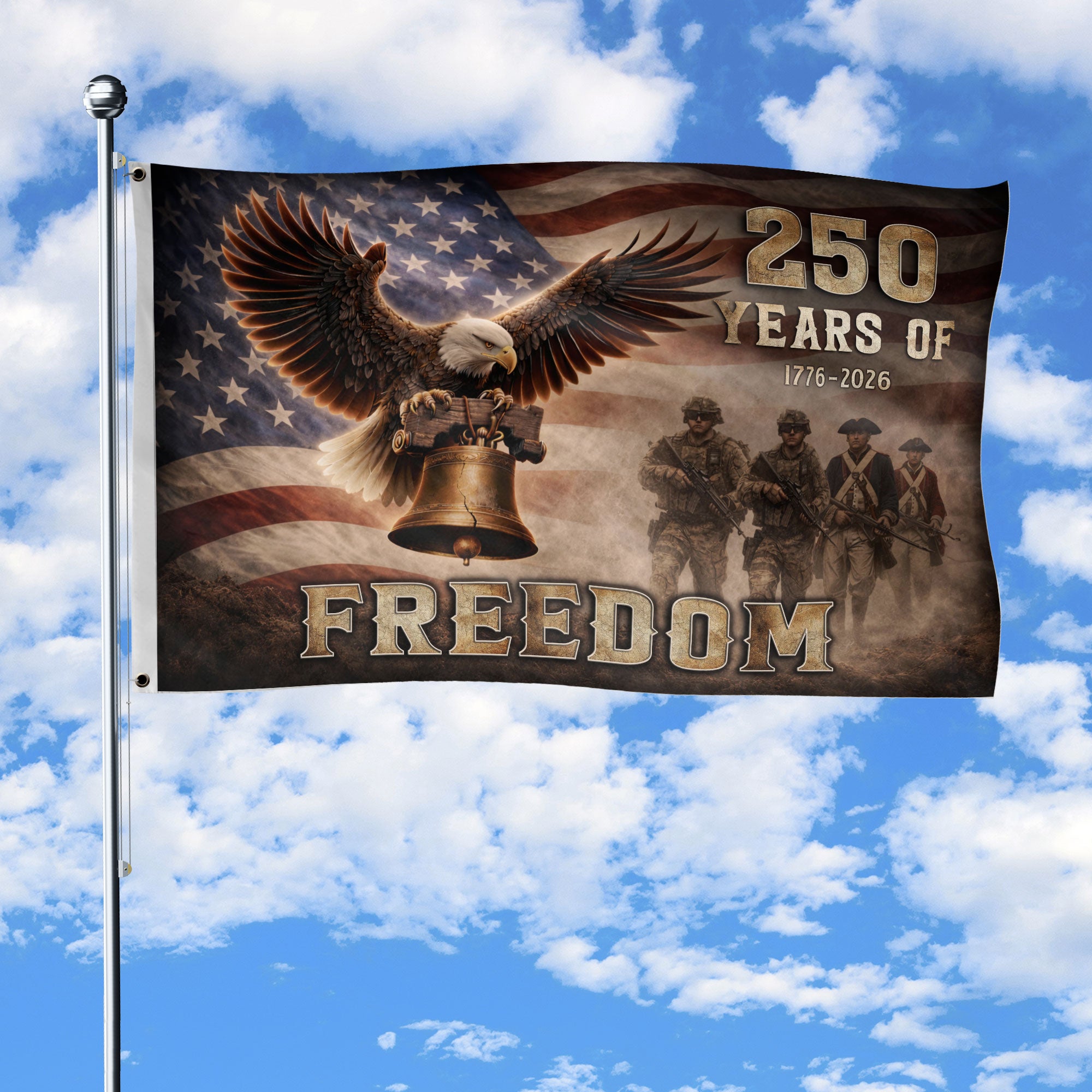 250 Years of Freedom USA Flag 1776-2026 with Eagle and Liberty Bell Design