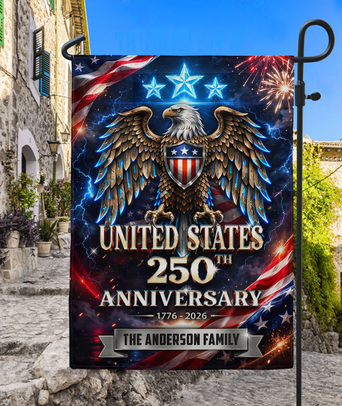 250th Anniversary USA Garden Flag Custom Family Name Eagle Stars 1776-2026