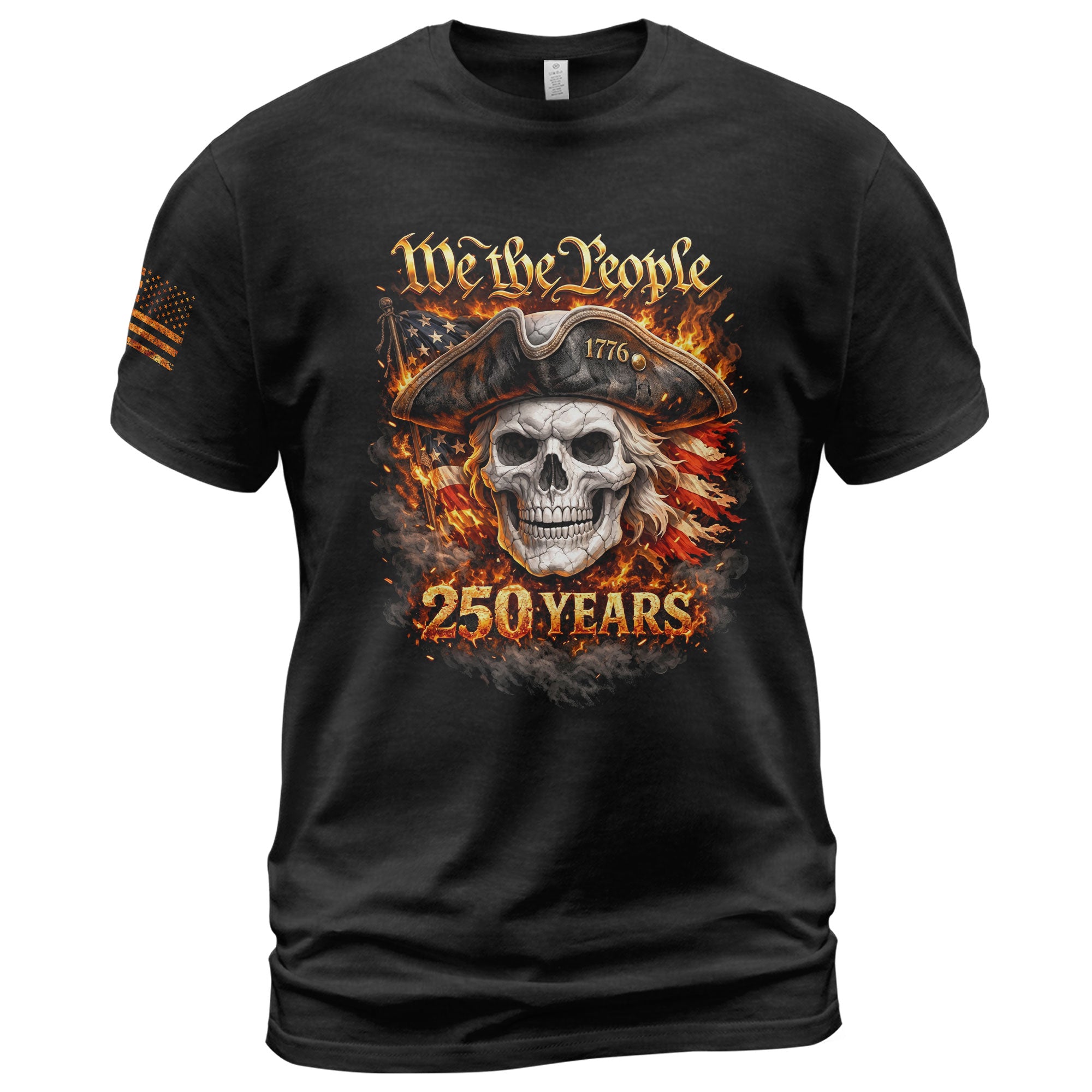America 250 Years Patriotic Skull T-Shirt - 1776-2026 "We The People" Flaming Flag 250th Anniversary Tee