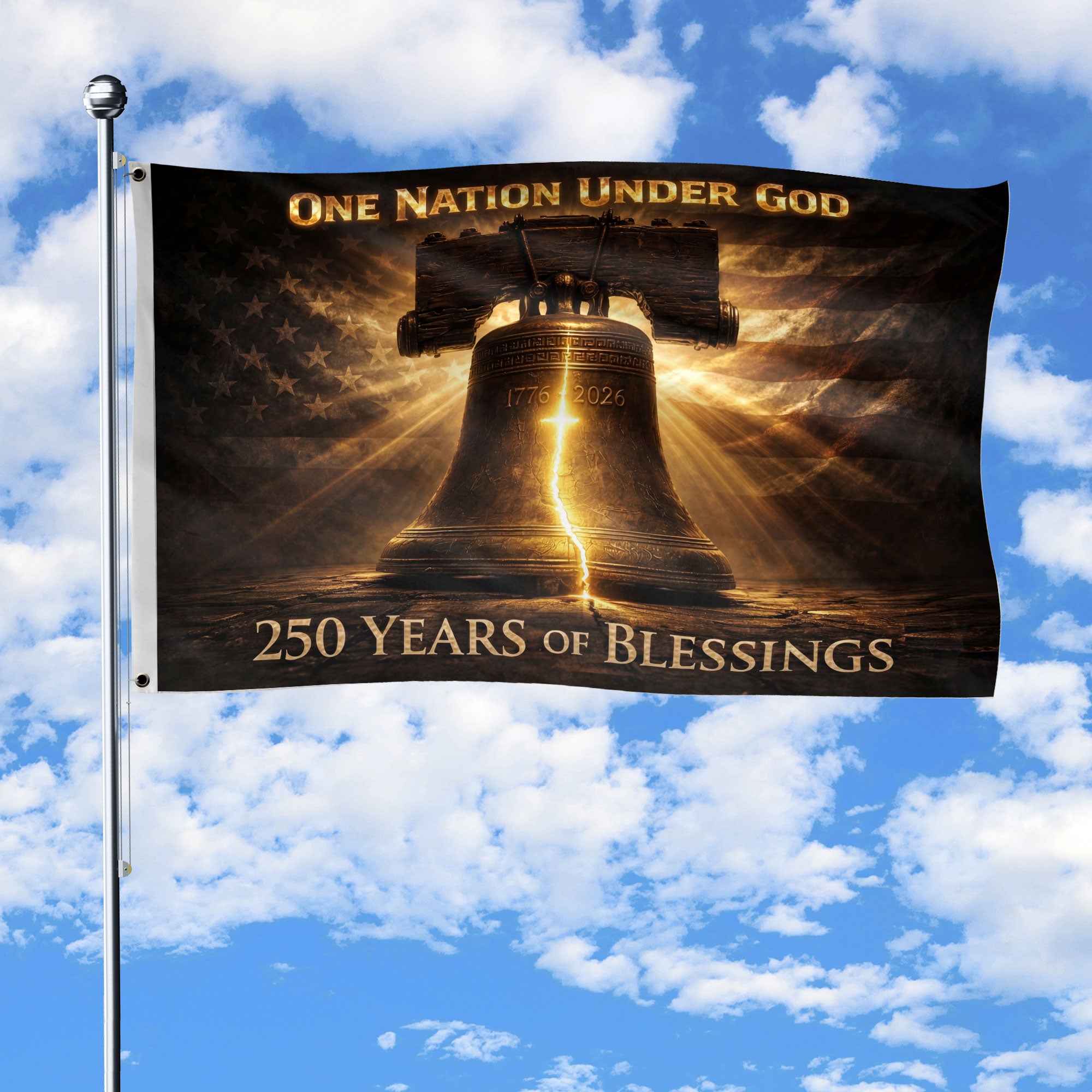 America 250th Anniversary Double-Sided Flag 1776-2026 Liberty Bell Glowing Cross One Nation Under God Banner