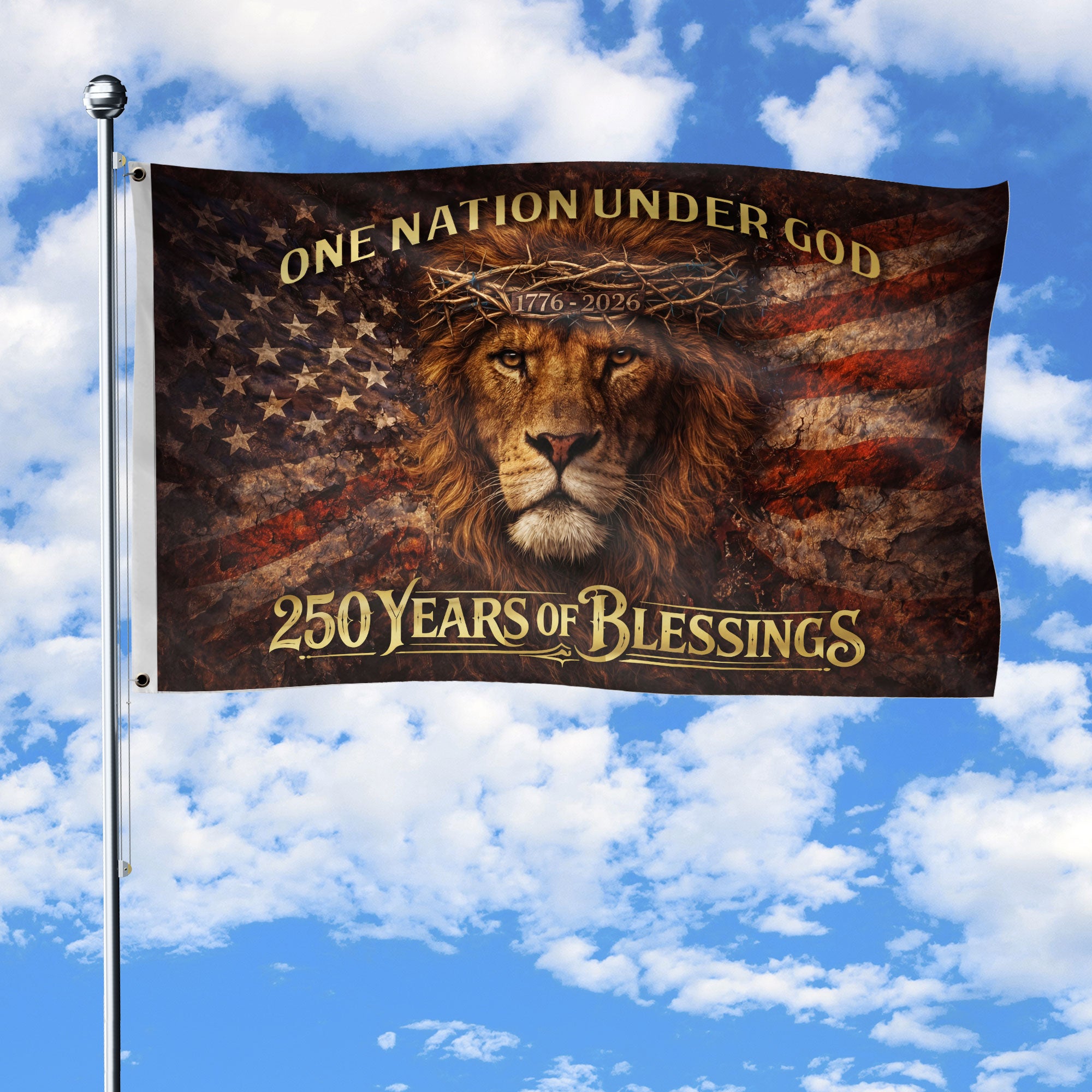 America 250th Anniversary Double-Sided Flag 1776-2026 Lion of Judah Sailing Ship One Nation Under God