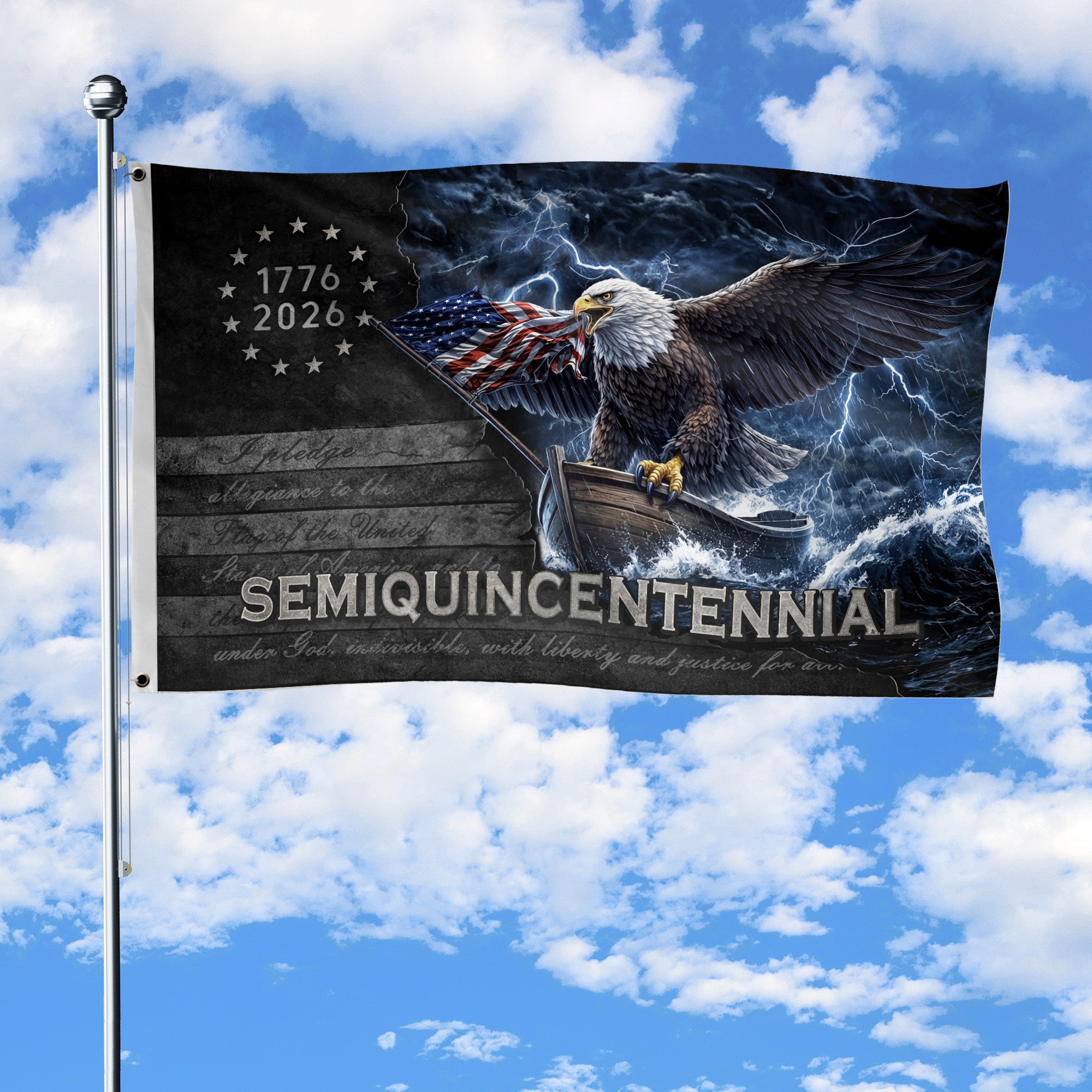 America 250th Anniversary Flag 1776-2026 Bald Eagle Lightning Bootleg Style Double-Sided House Flag