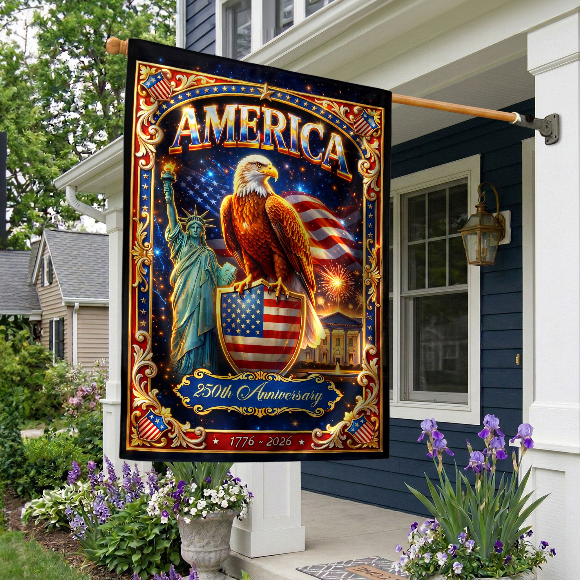 America 250th Anniversary House Flag with Eagle Statue of Liberty 1776-2026 Patriotic Banner