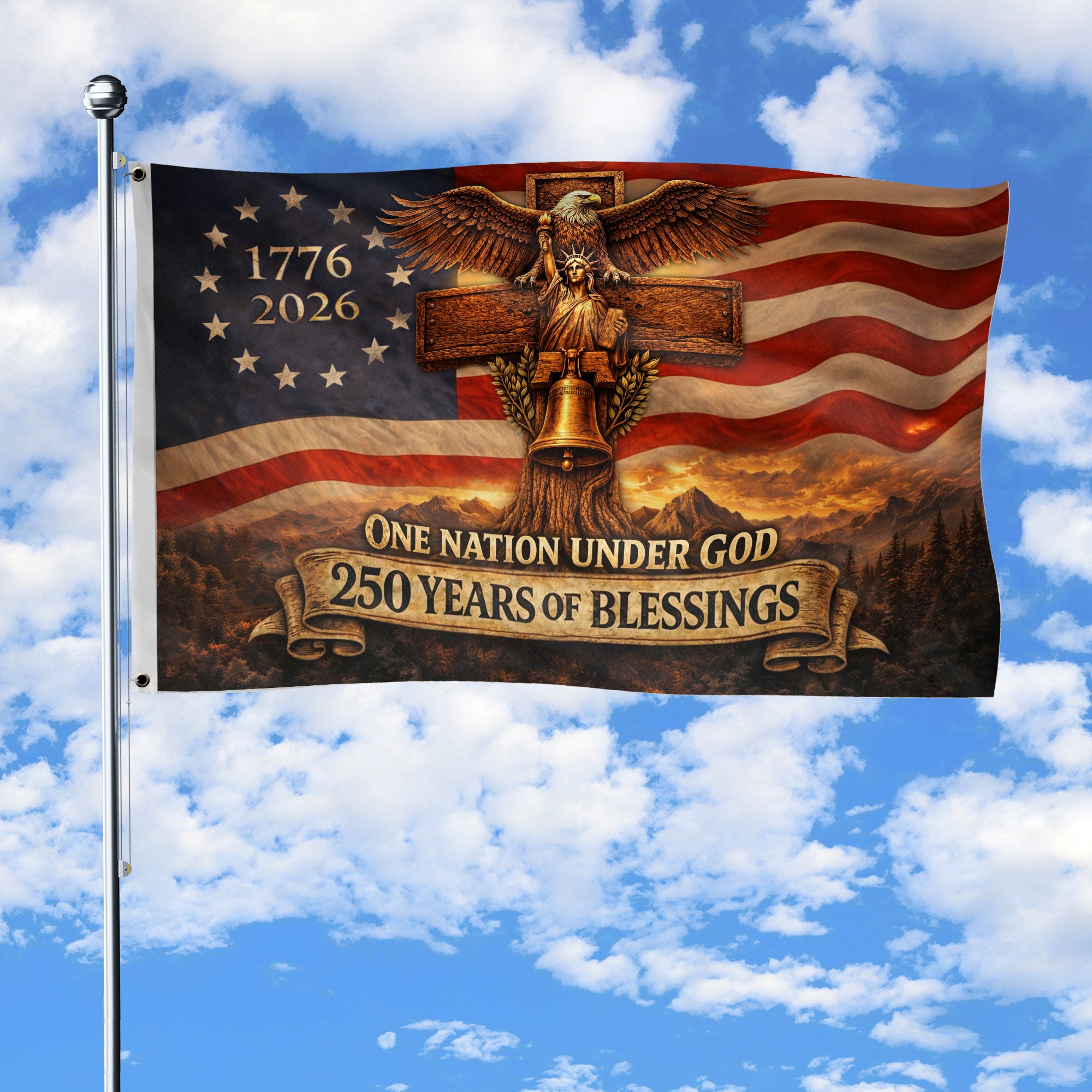 Christian Cross Eagle House Flag 1776-2026 One Nation Under God 250 Years Blessings