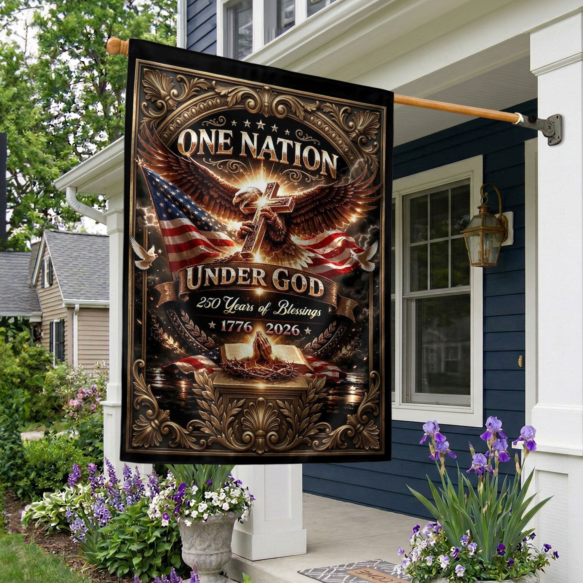 Christian One Nation Under God 250 Years Blessings USA House Flag 1776-2026 Eagle Cross Patriotic Banner