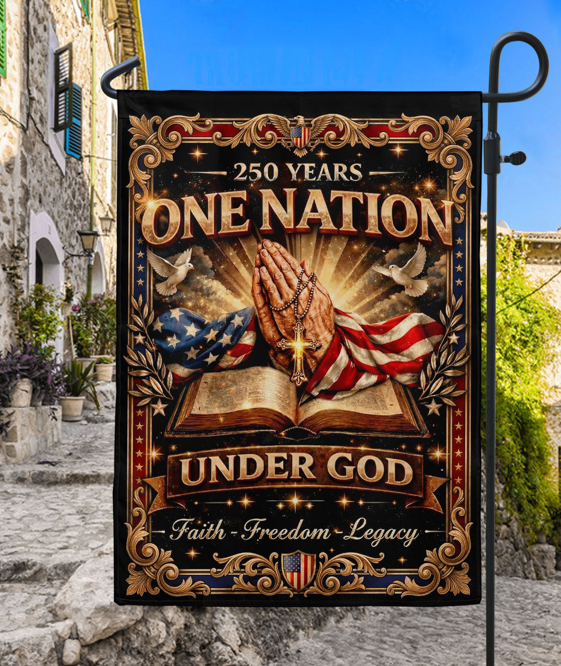 Christian One Nation Under God 250th Anniversary USA Garden Flag 1776-2026 Prayer Bible Patriotic Design