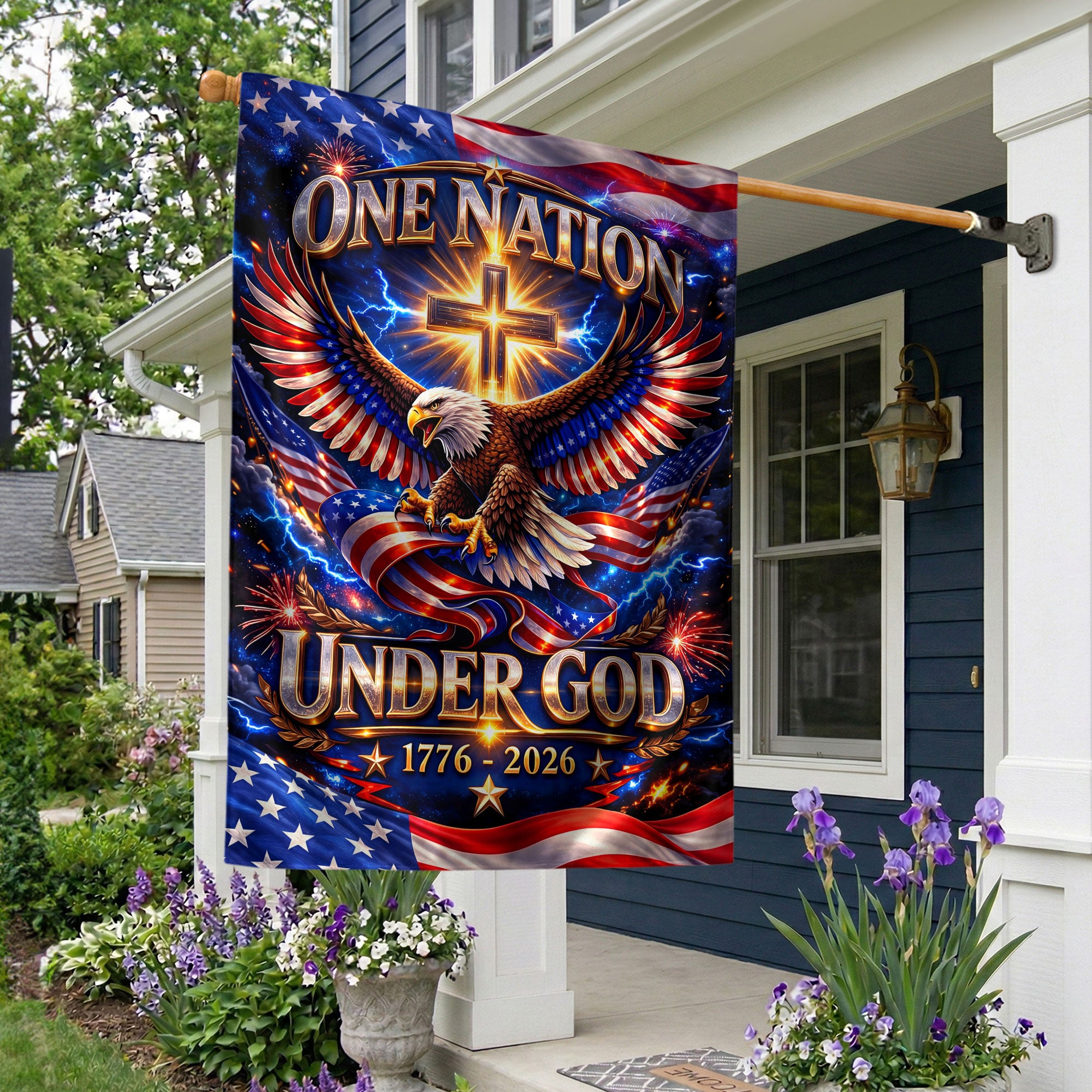 Christian One Nation Under God 250th Anniversary USA House Flag 1776-2026 Eagle Cross Patriotic Banner