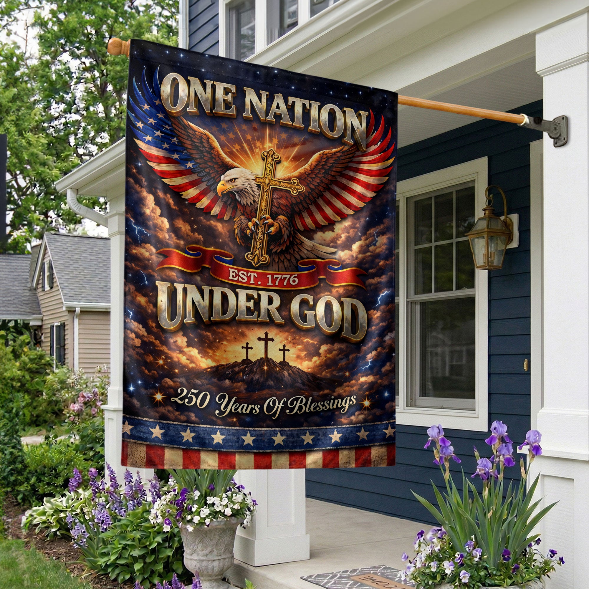 Christian One Nation Under God Est 1776 250th Anniversary USA House Flag with Eagle Cross
