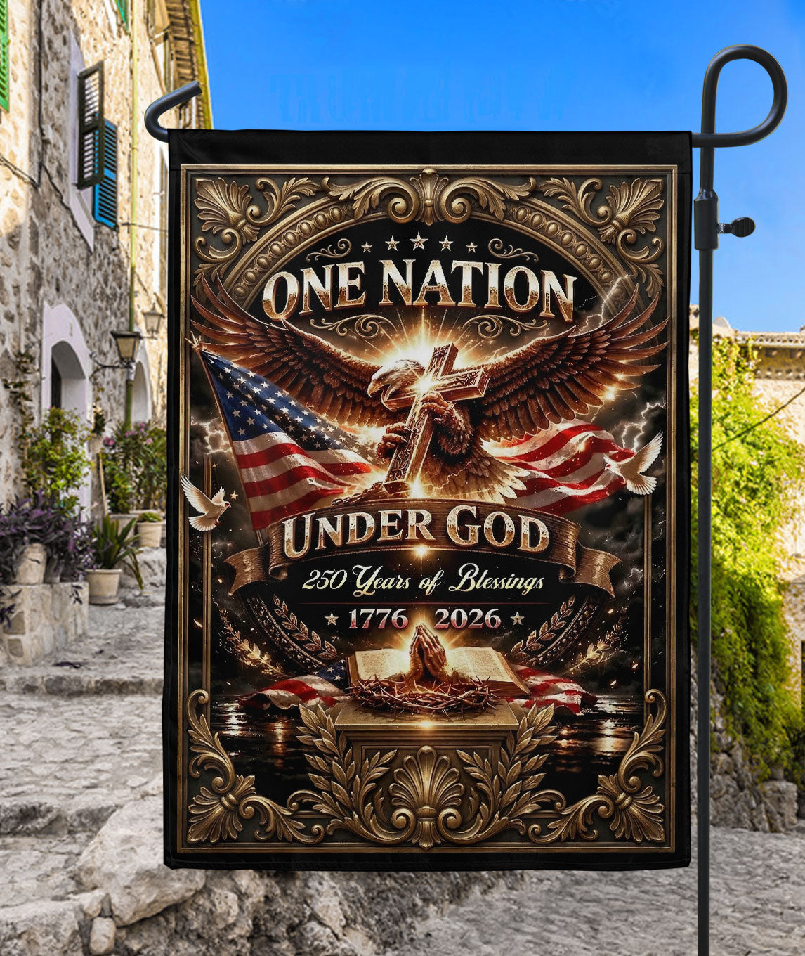 Christian One Nation Under God Garden Flag 250 Years Blessings USA 1776-2026 Eagle Cross Patriotic Banner
