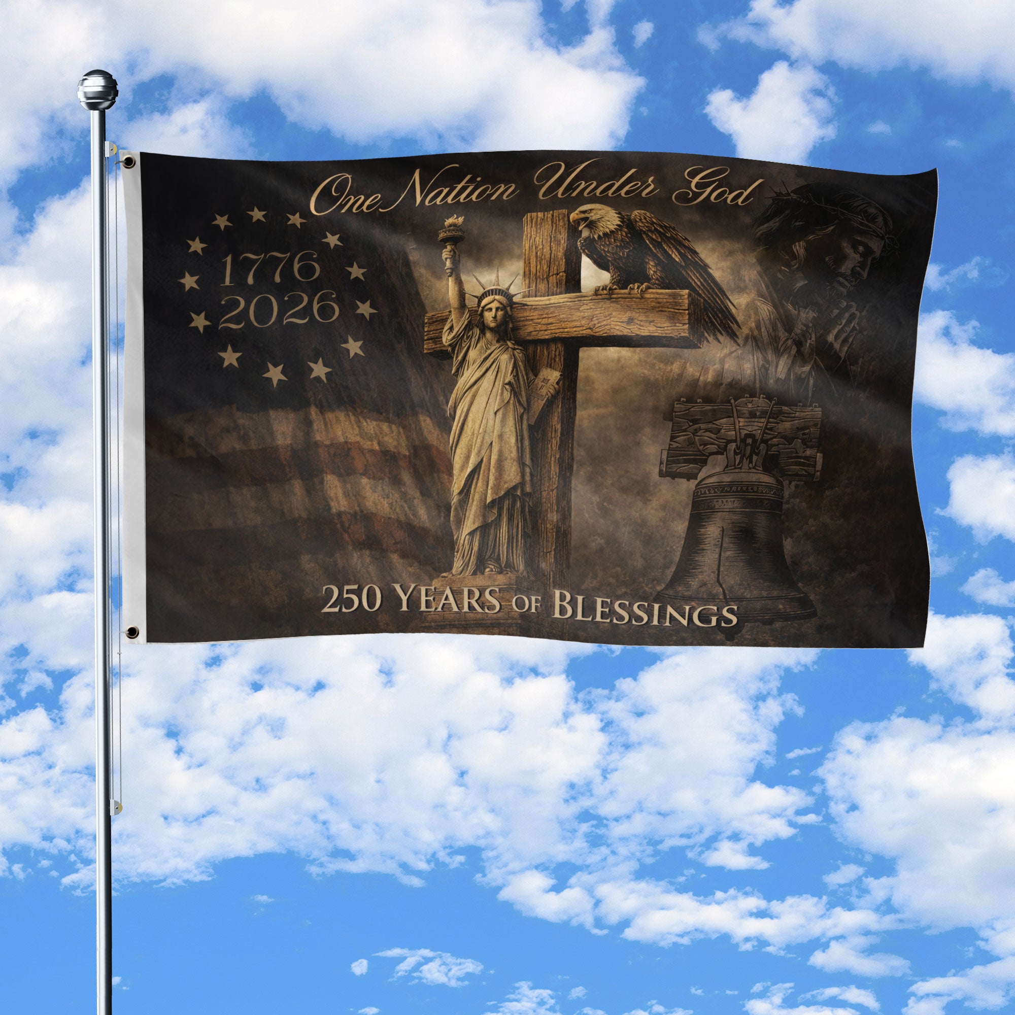 Christian Patriotic House Flag 1776-2026 USA 250th Anniversary Eagle Cross One Nation Under God