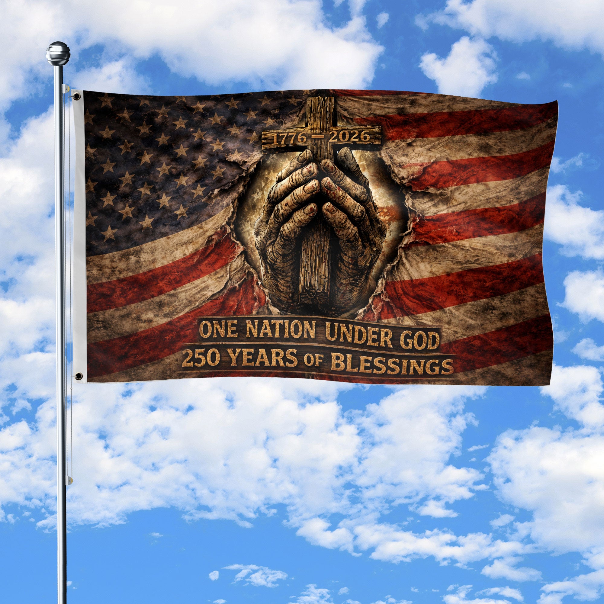 Christian Patriotic House Flag Praying Hands Cross One Nation Under God 1776-2026