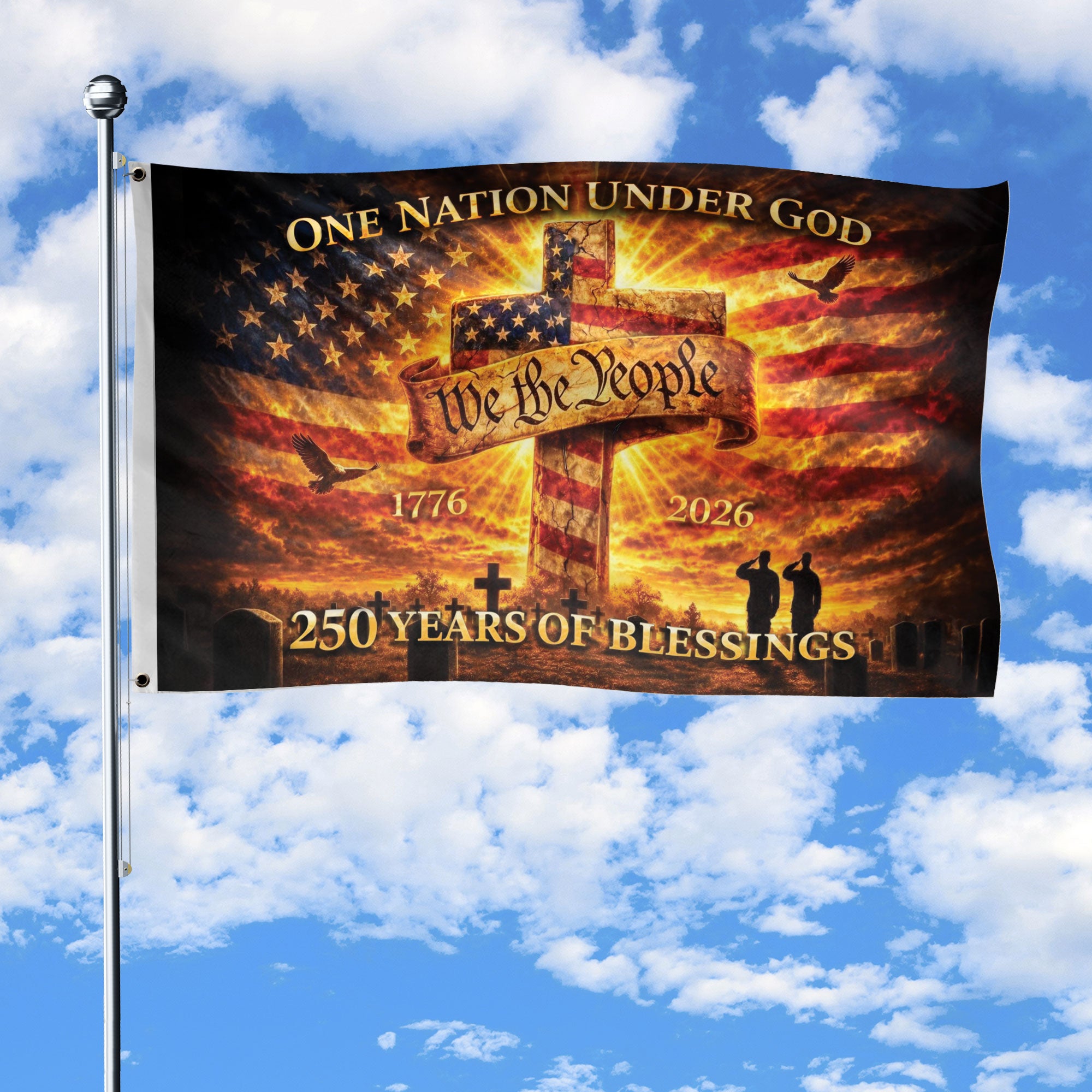 Christian We The People Cross House Flag One Nation Under God 250th Anniversary USA 1776-2026