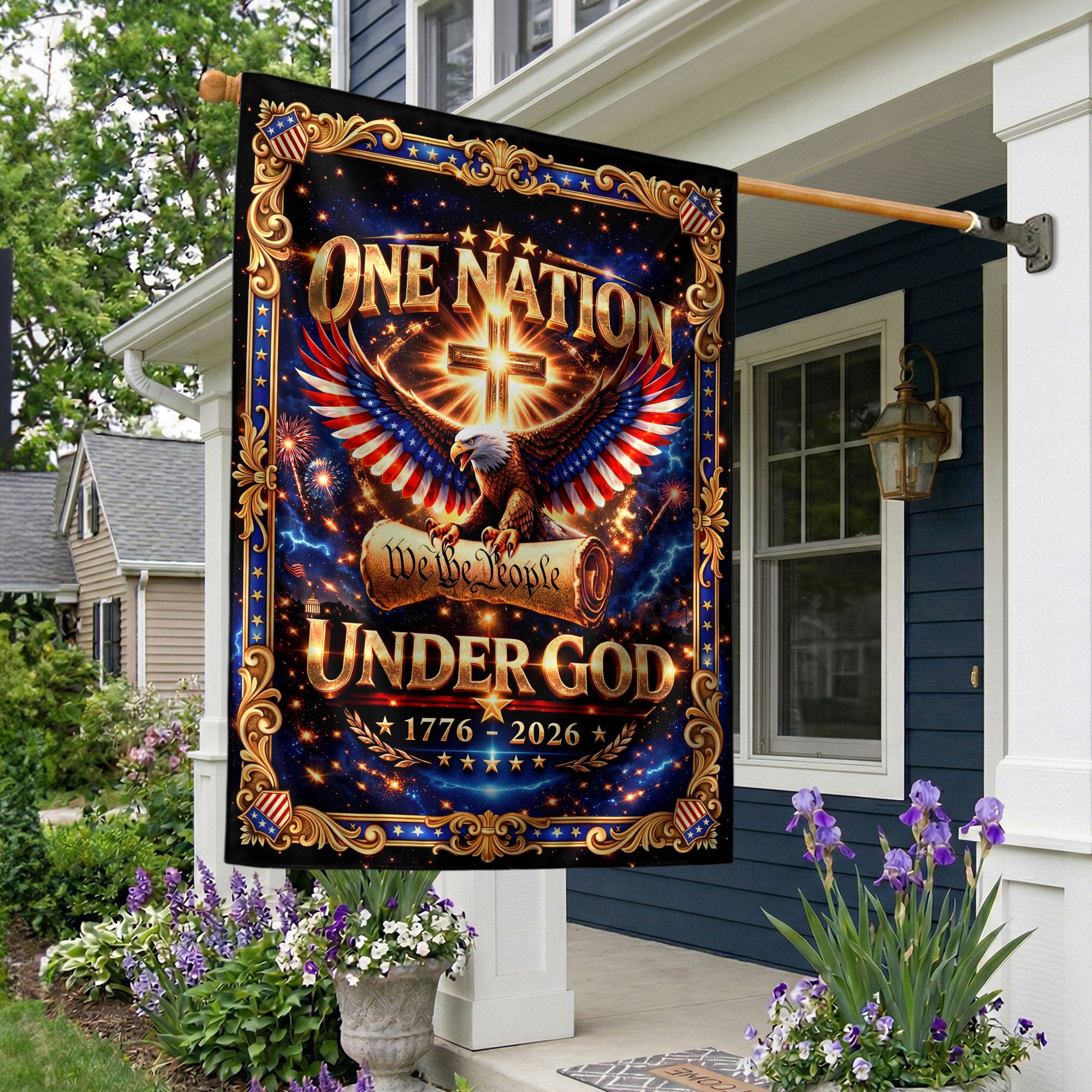 Christian We The People One Nation Under God USA House Flag 1776-2026 Eagle Cross Design
