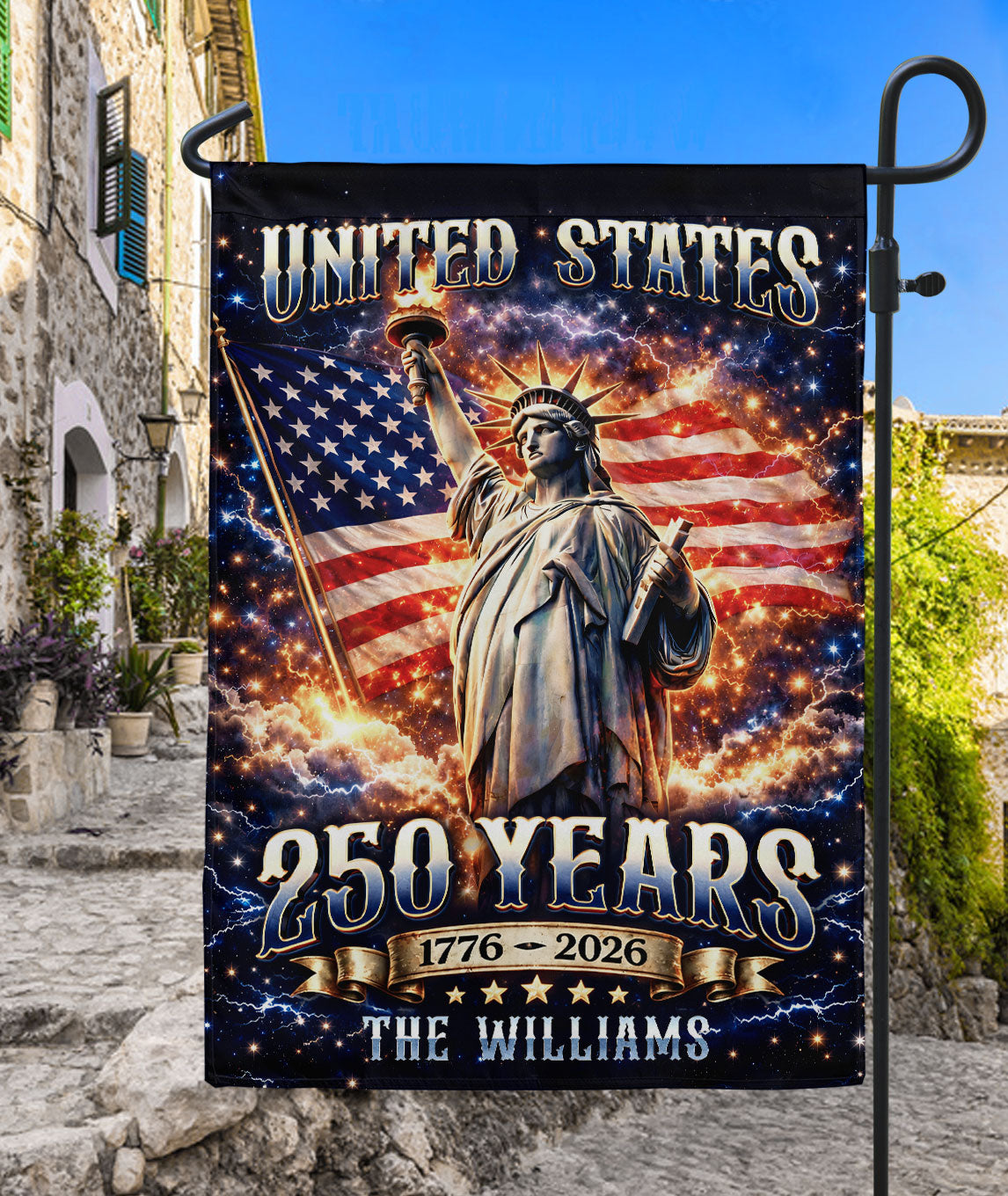Custom Family Name 250th Anniversary Garden Flag Statue of Liberty USA Flag 1776-2026