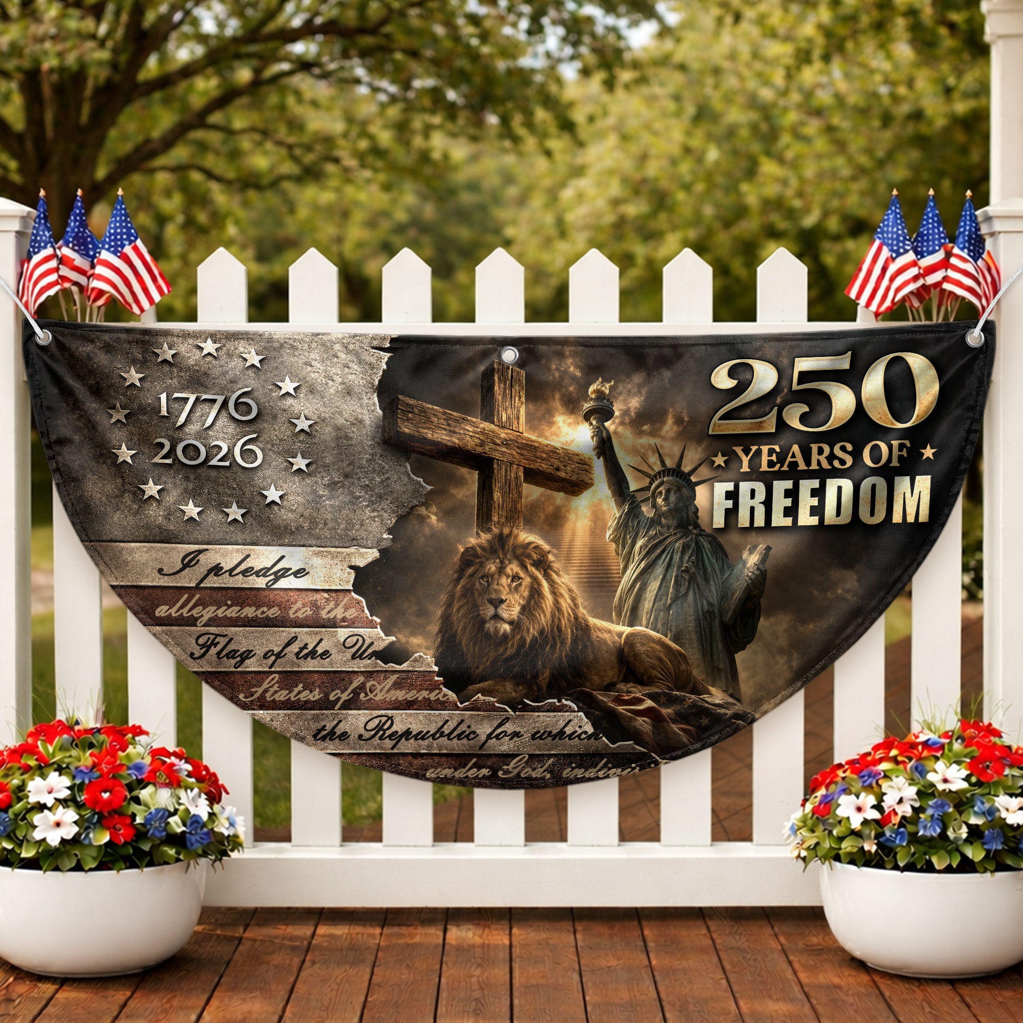 God Bless America 250 Years Fence Flag 1776-2026 Lion Cross Christian Patriotic Double Sided Banner