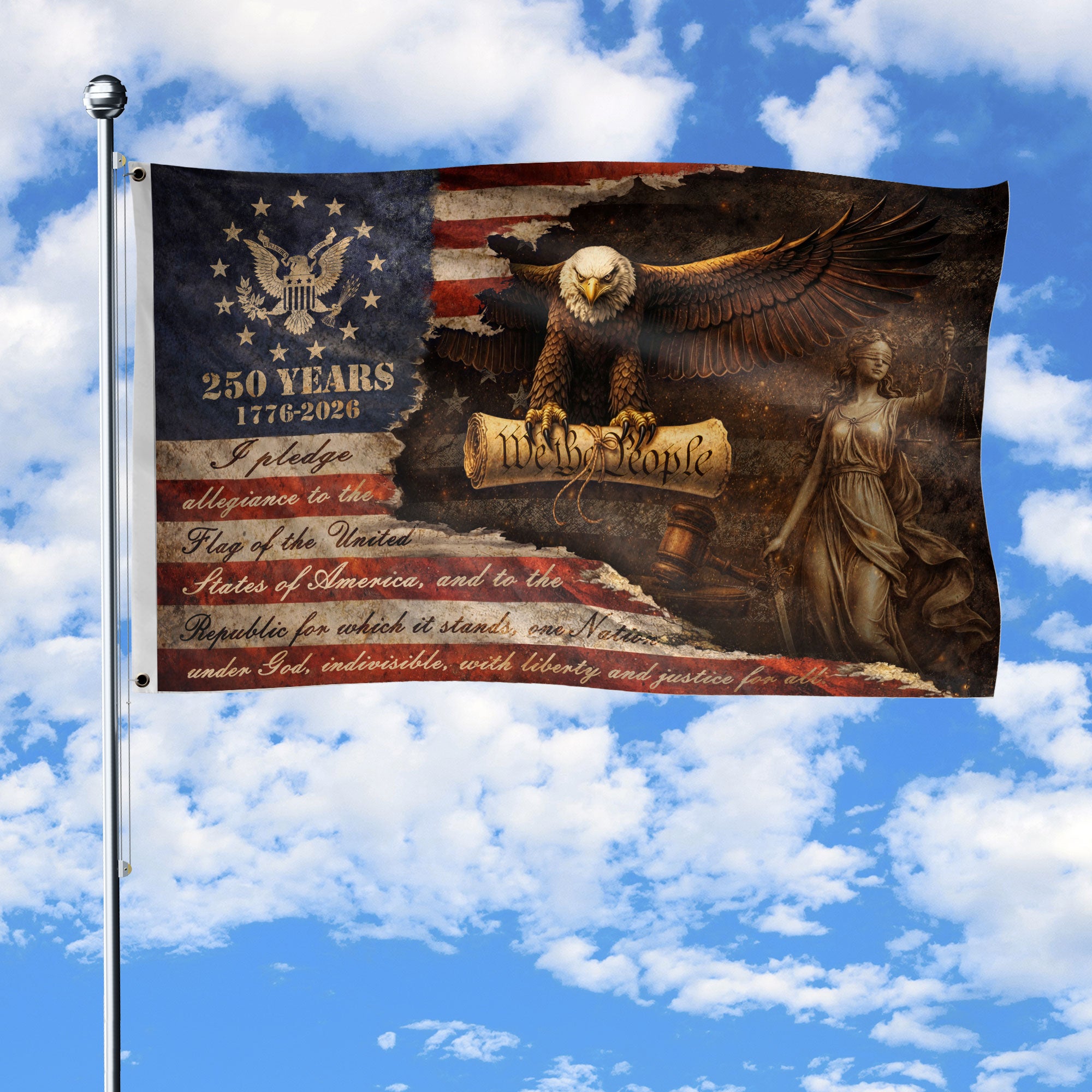 Justice Gavel Eagle House Flag 1776-2026 We The People 250 Years Patriotic Decor