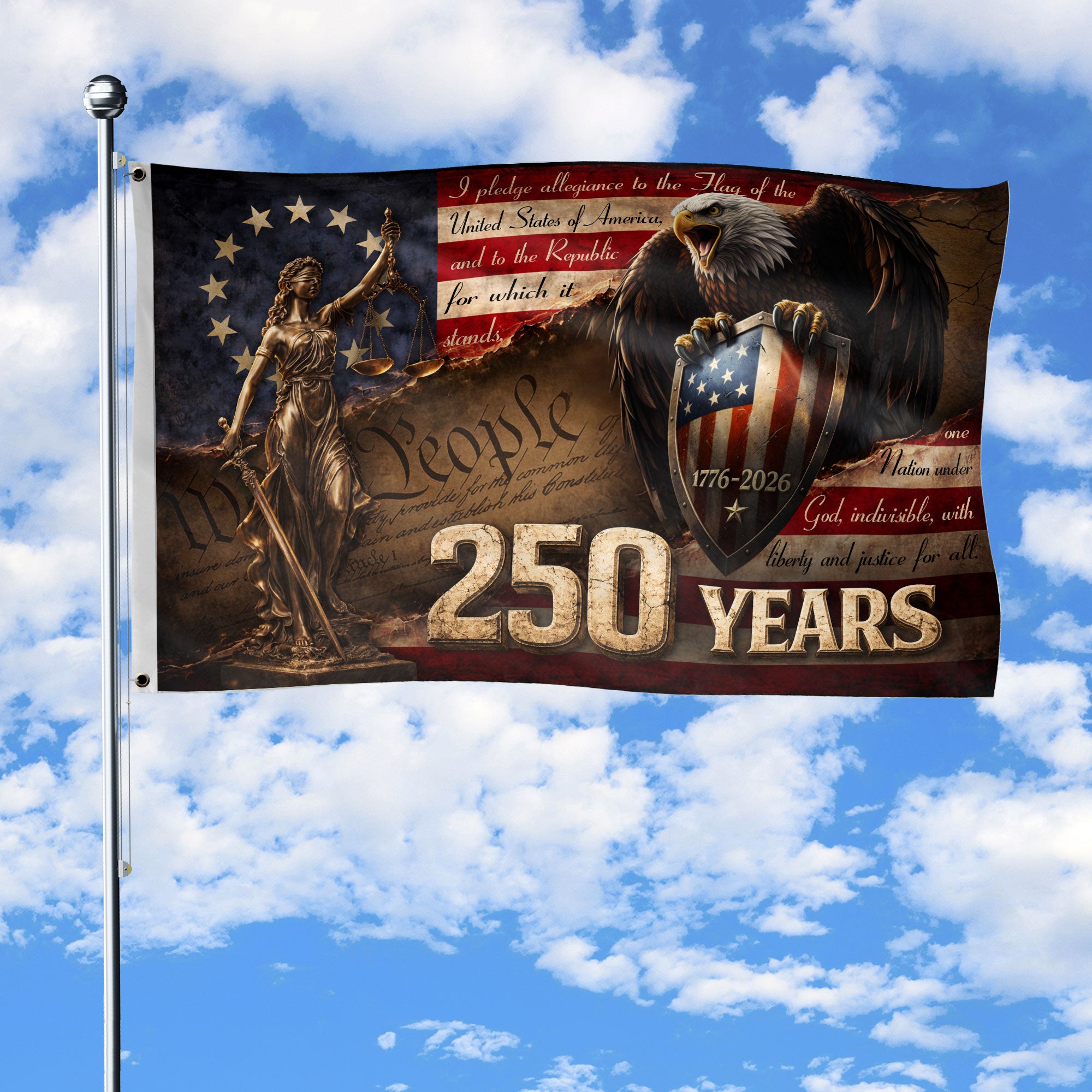 Lady Justice House Flag 1776-2026 We The People 250 Years Freedom Patriotic Eagle