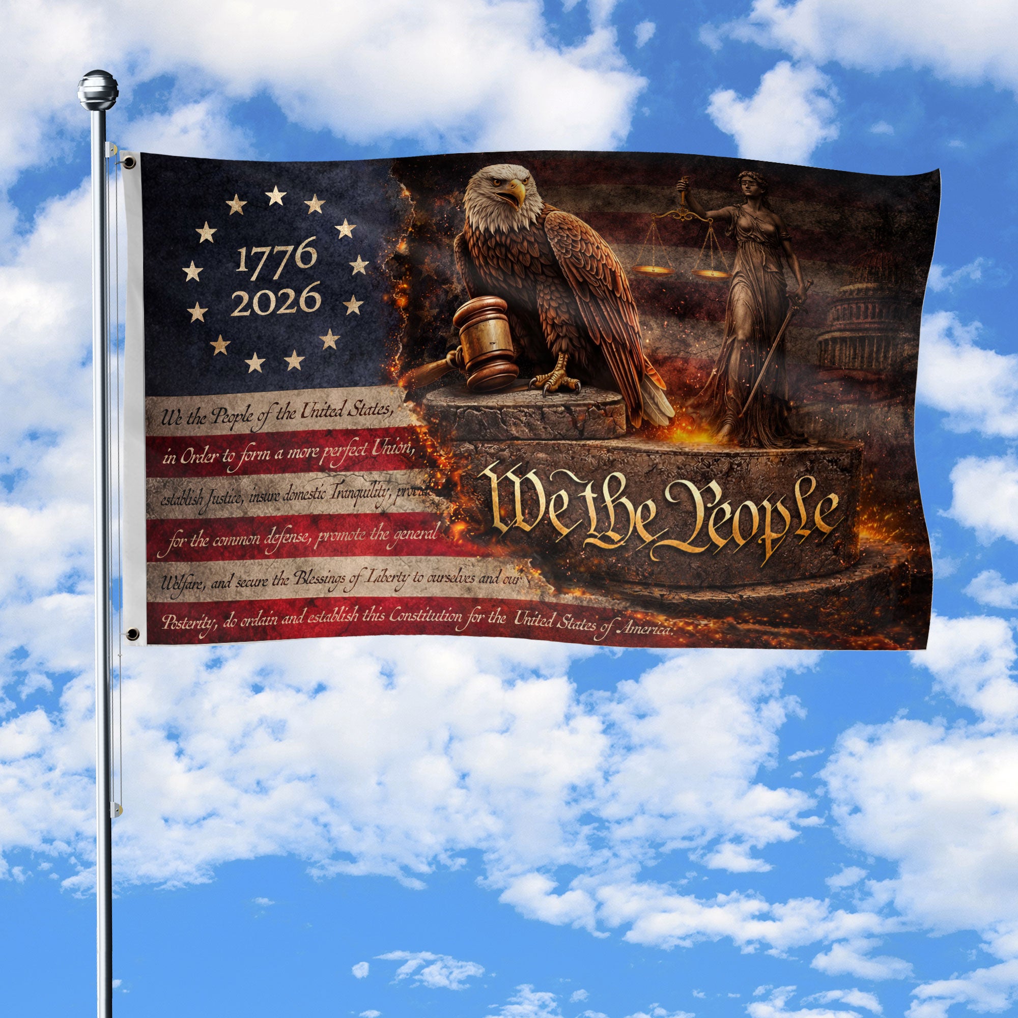 Lady Justice We The People House Flag with Eagle Shield 1776-2026 250 Years Patriotic Decor