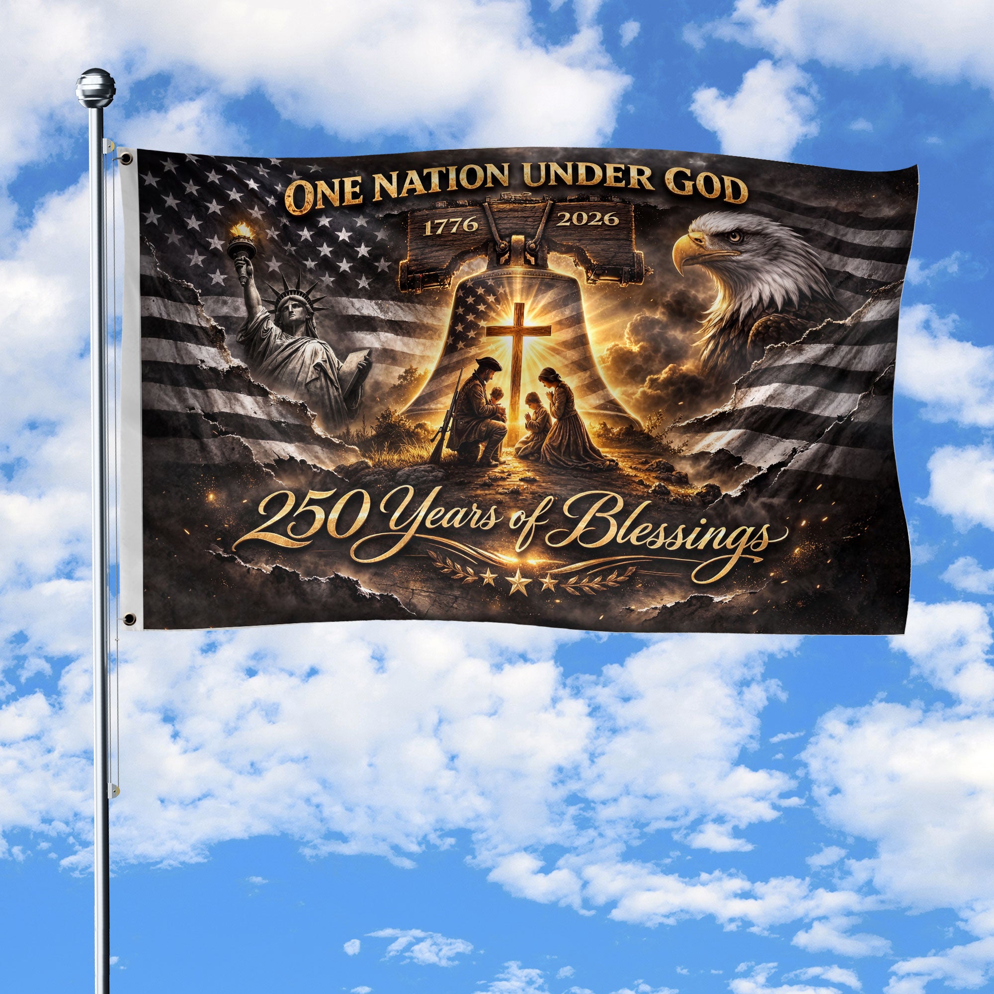 Liberty Bell Patriotic House Flag One Nation Under God 1776-2026 250 Years
