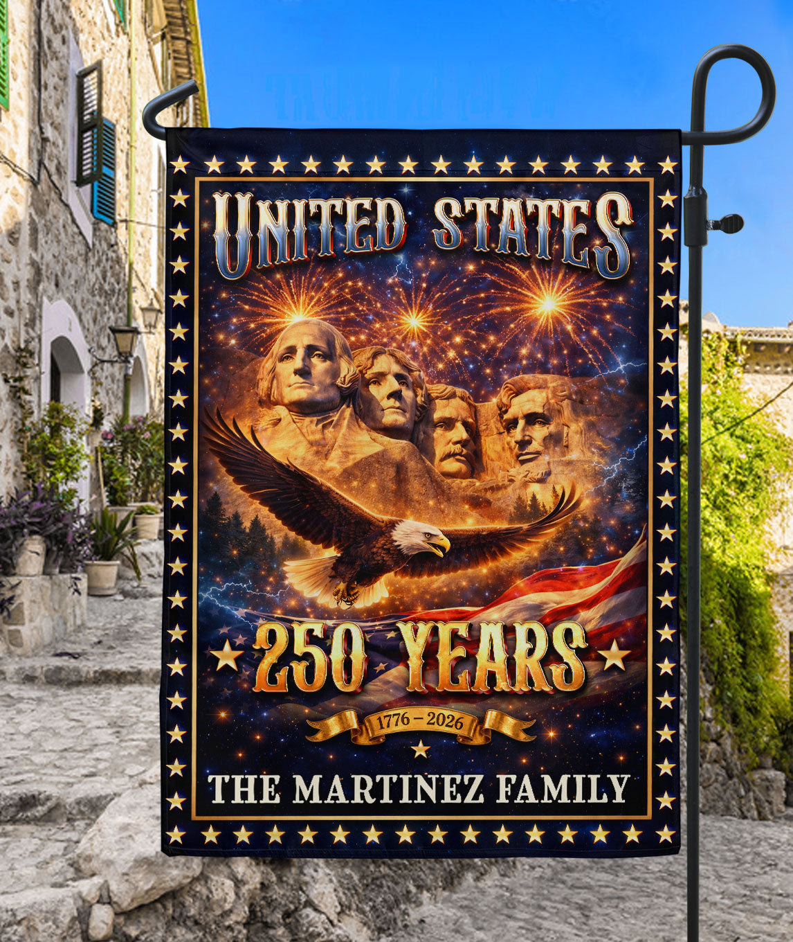 Mount Rushmore Patriotic Garden Flag with Custom Family Name 250 Years 1776-2026 Banner