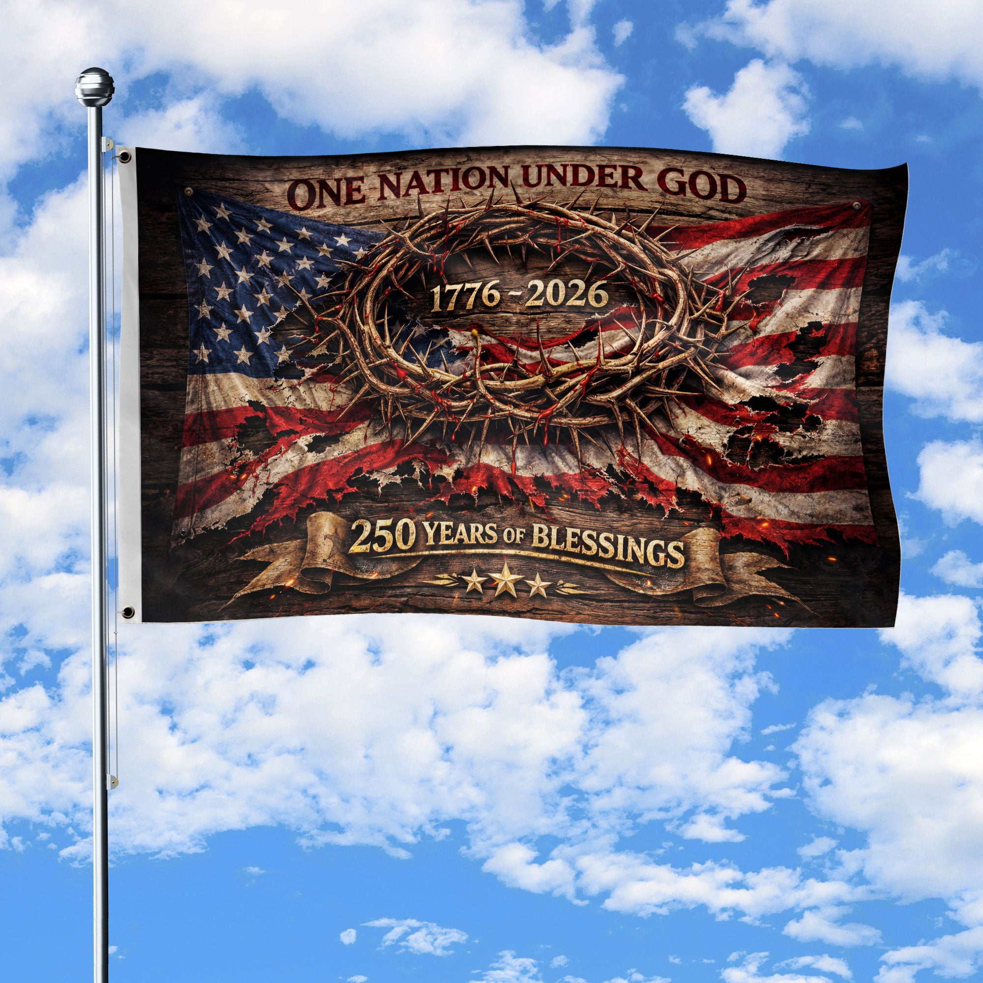 One Nation Under God 250 Years Flag 1776-2026 Crown of Thorns 3x5 ft Polyester