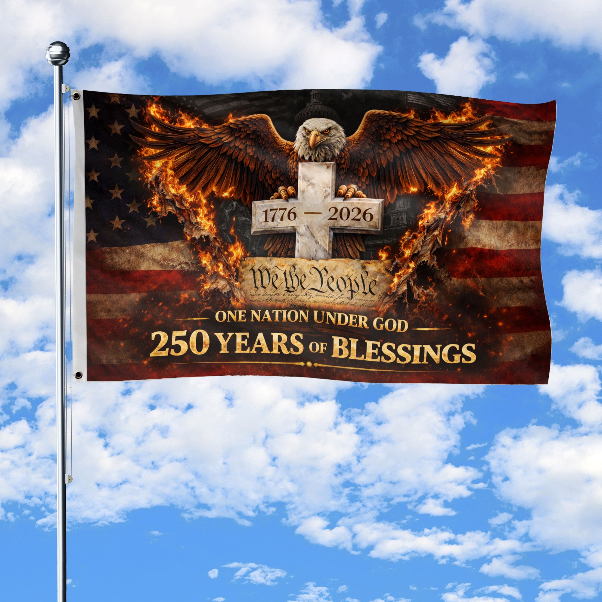 One Nation Under God 250 Years Flag 1776-2026 Eagle Cross Christian Double Sided USA House Flag