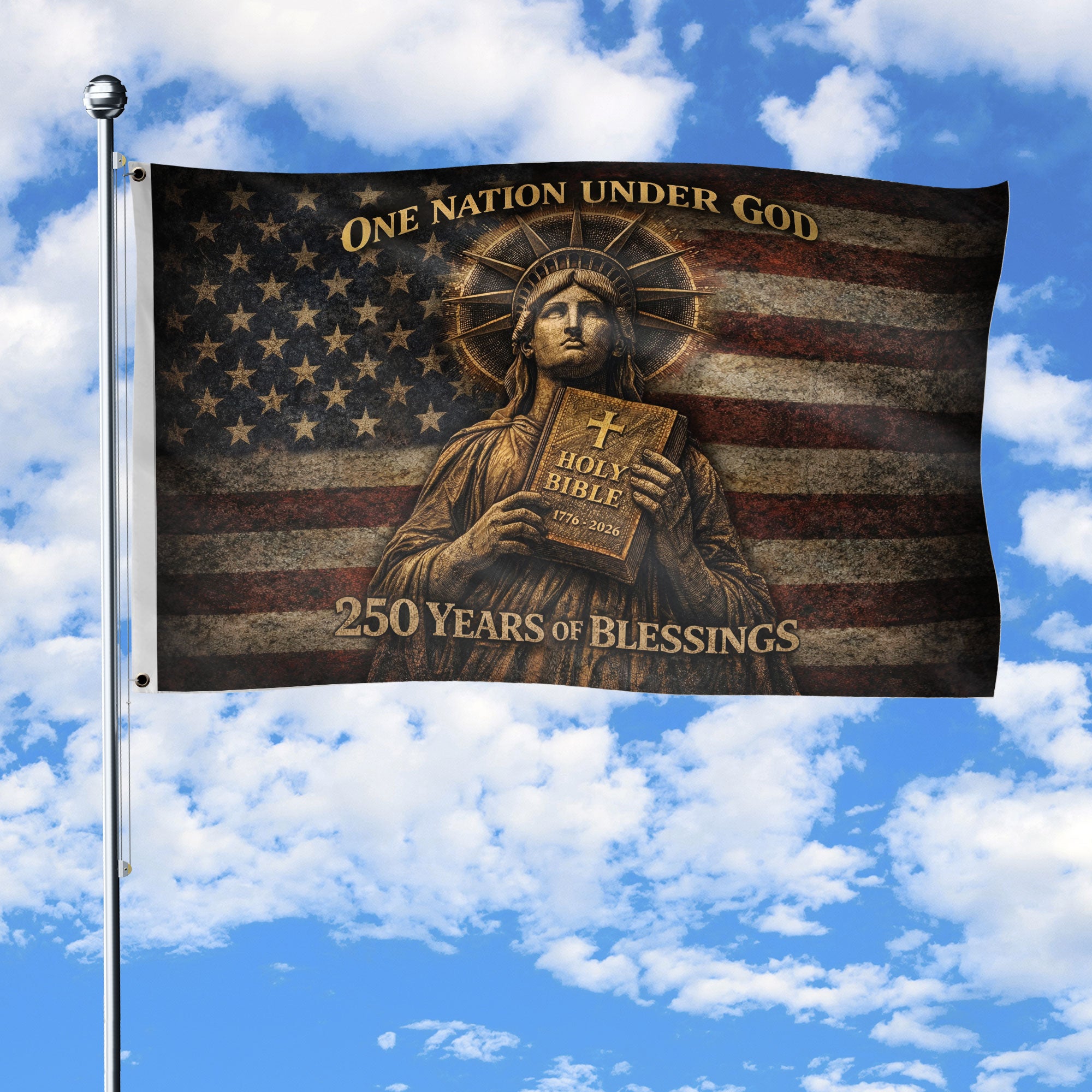One Nation Under God 250th America Anniversary Double Sided Flag 1776-2026 Bible Cross Banner