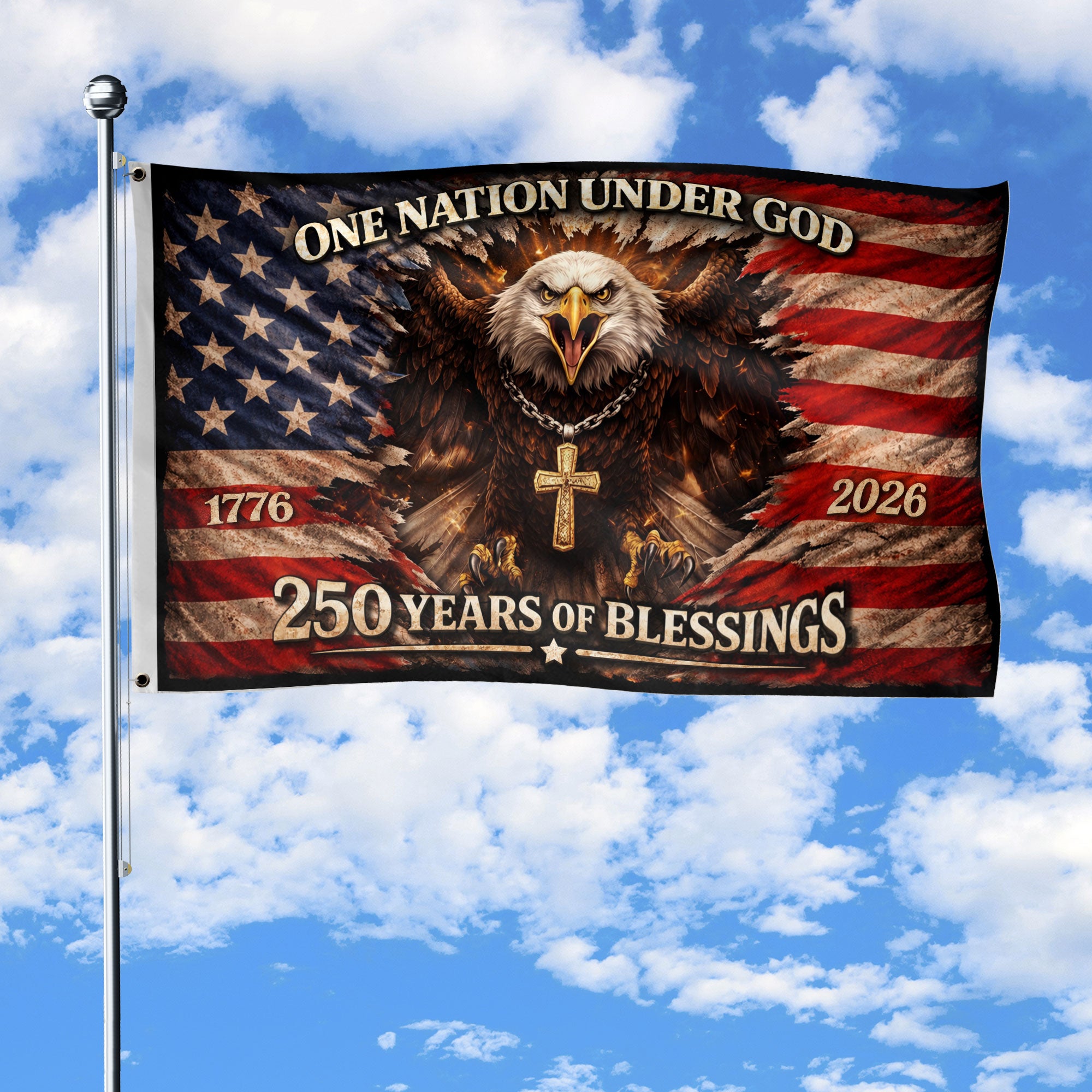 One Nation Under God 250th Anniversary Flag 1776-2026 Bald Eagle Cross 3x5 ft Patriotic Banner