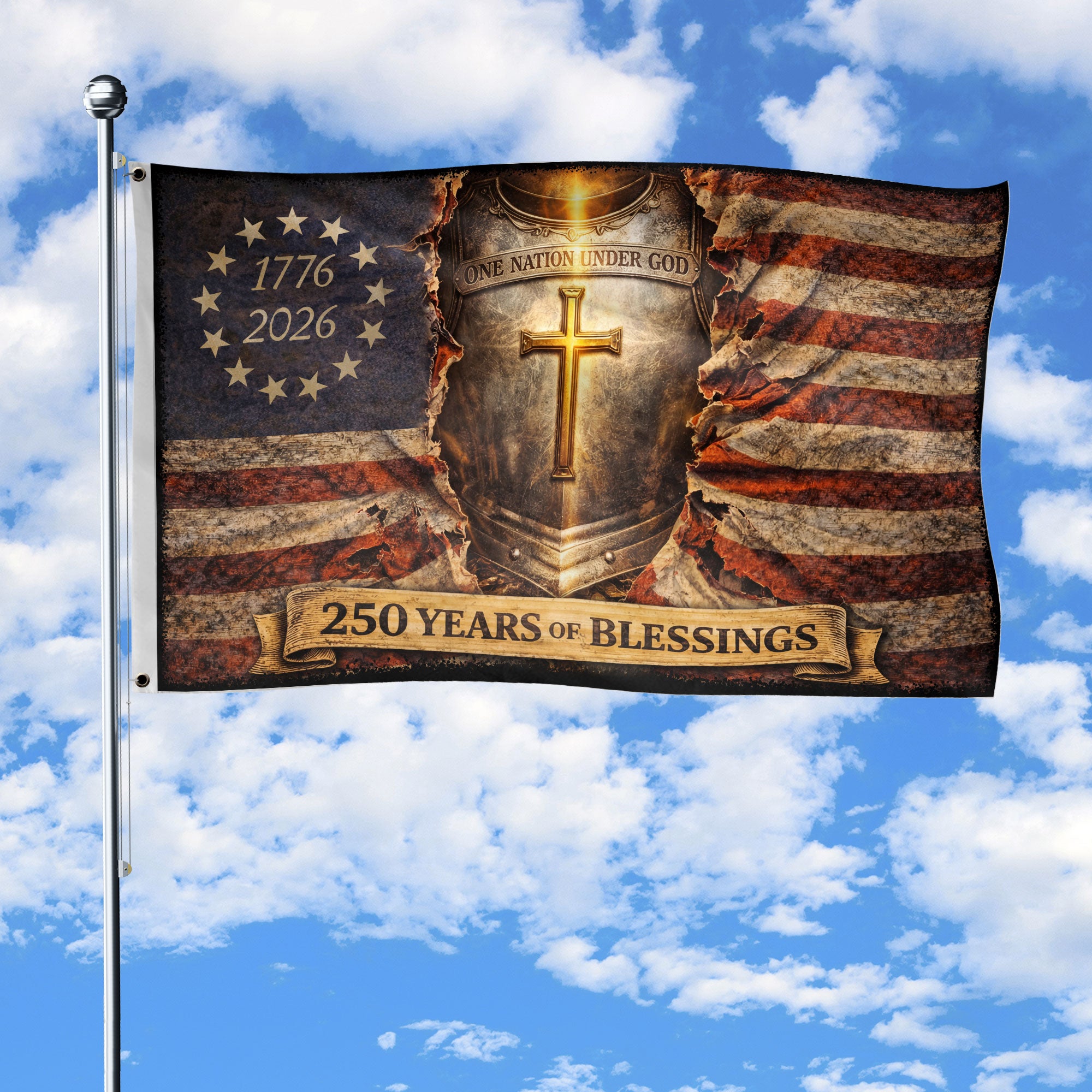 One Nation Under God 250th Anniversary Flag 1776-2026 Cross Shield Patriotic Christian Banner