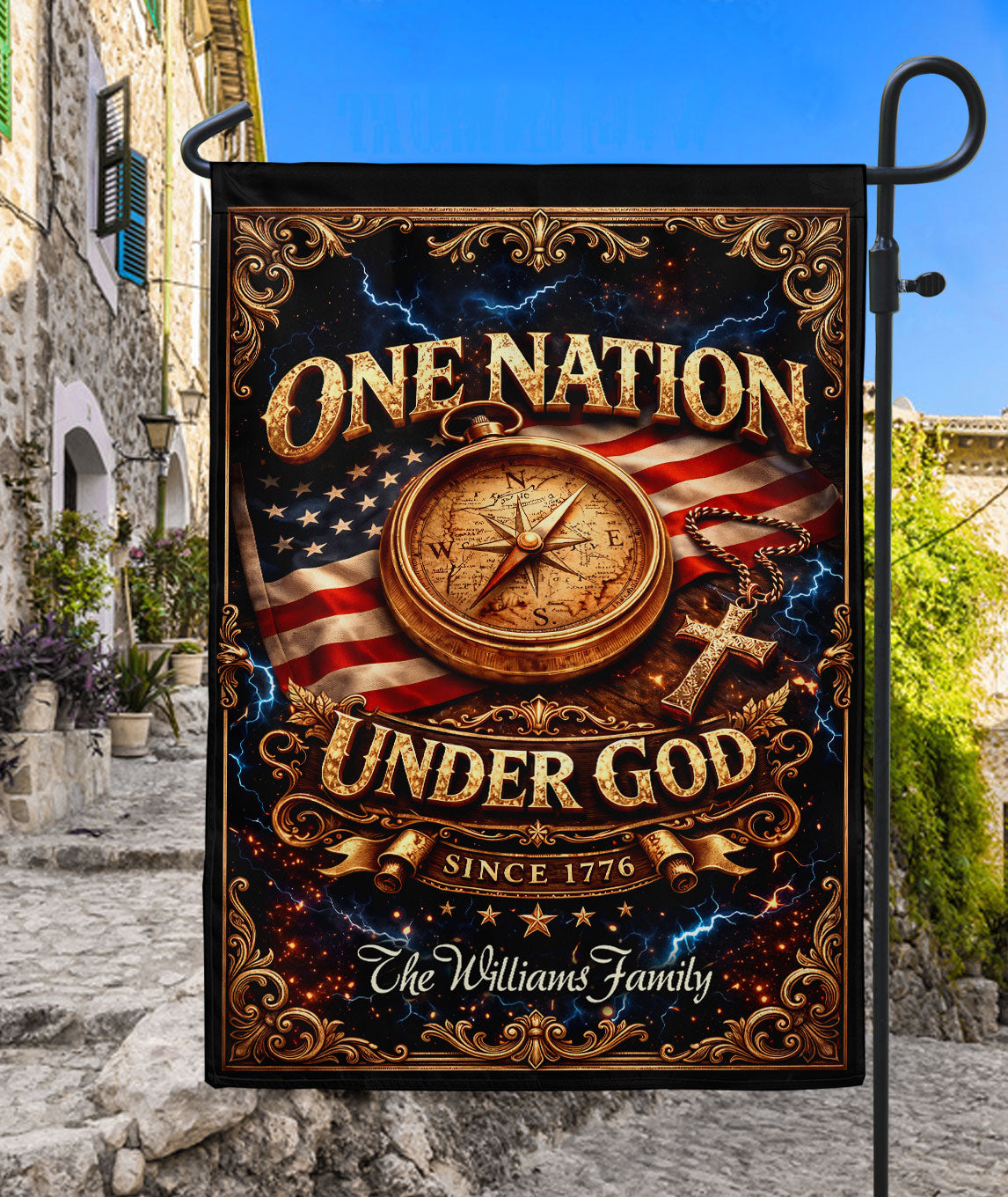 One Nation Under God 250th Anniversary Garden Flag - Custom Family Name Compass Cross USA Flag 1776-2026