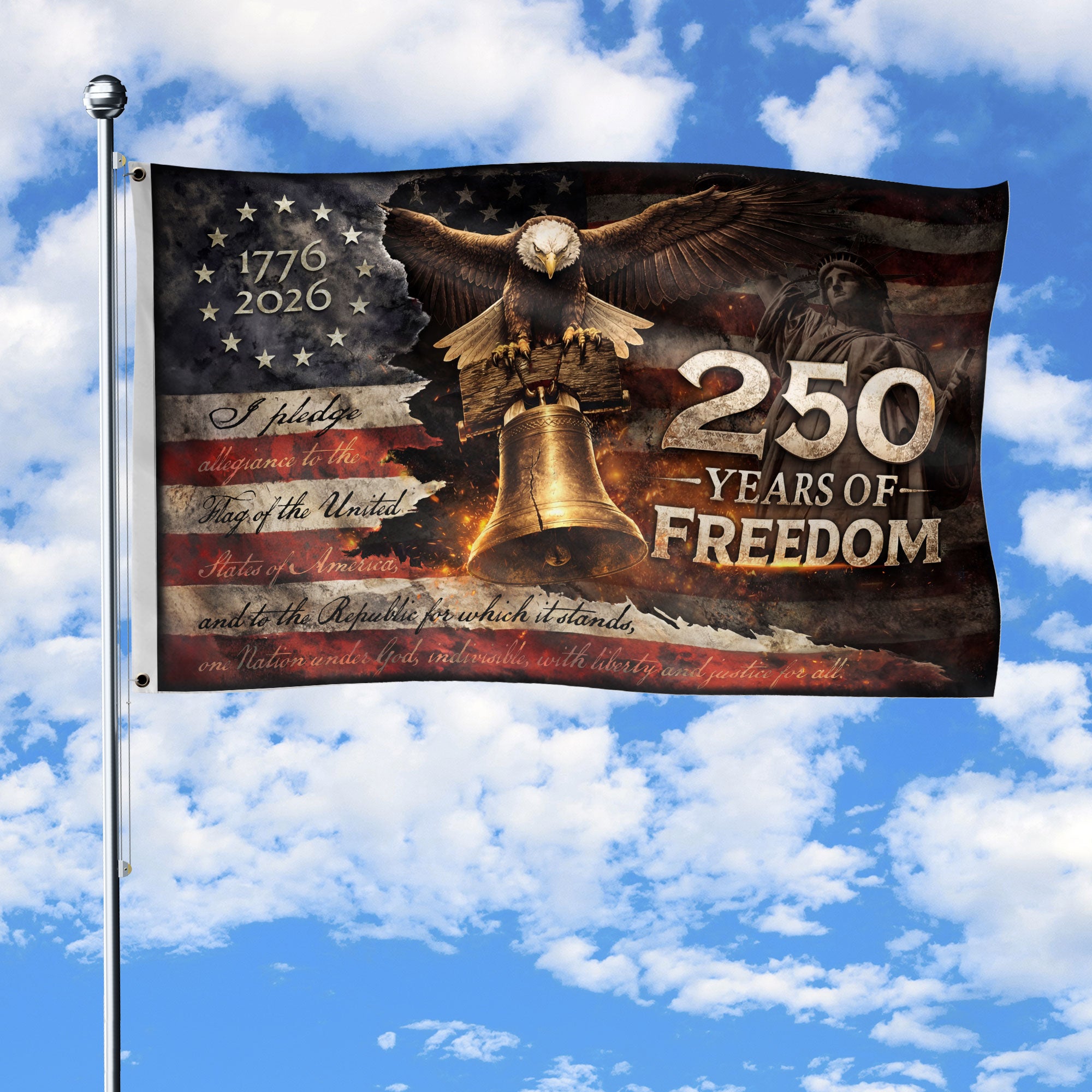 Patriotic 250 Years American House Flag Eagle Liberty Bell Vintage Outdoor