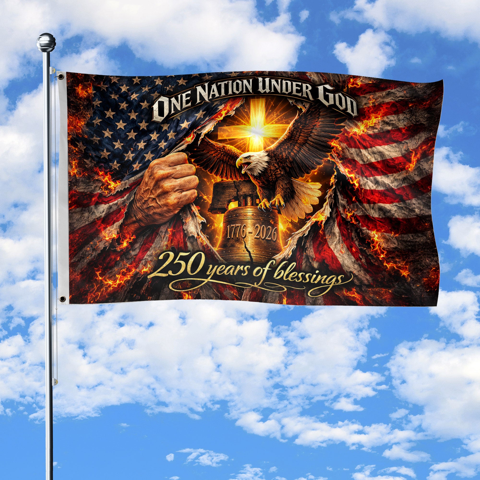 Patriotic Christian House Flag Eagle Cross Liberty Bell One Nation Under God