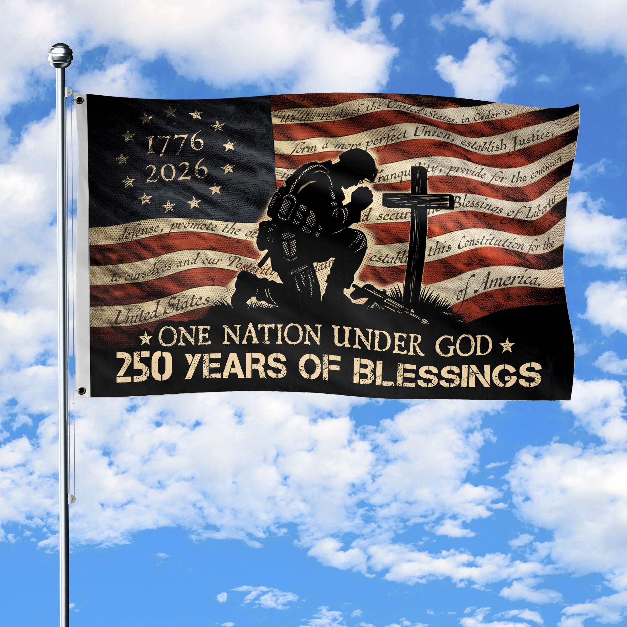 Patriotic Christian House Flag Kneeling Soldier Prayer One Nation Under God 250 Years