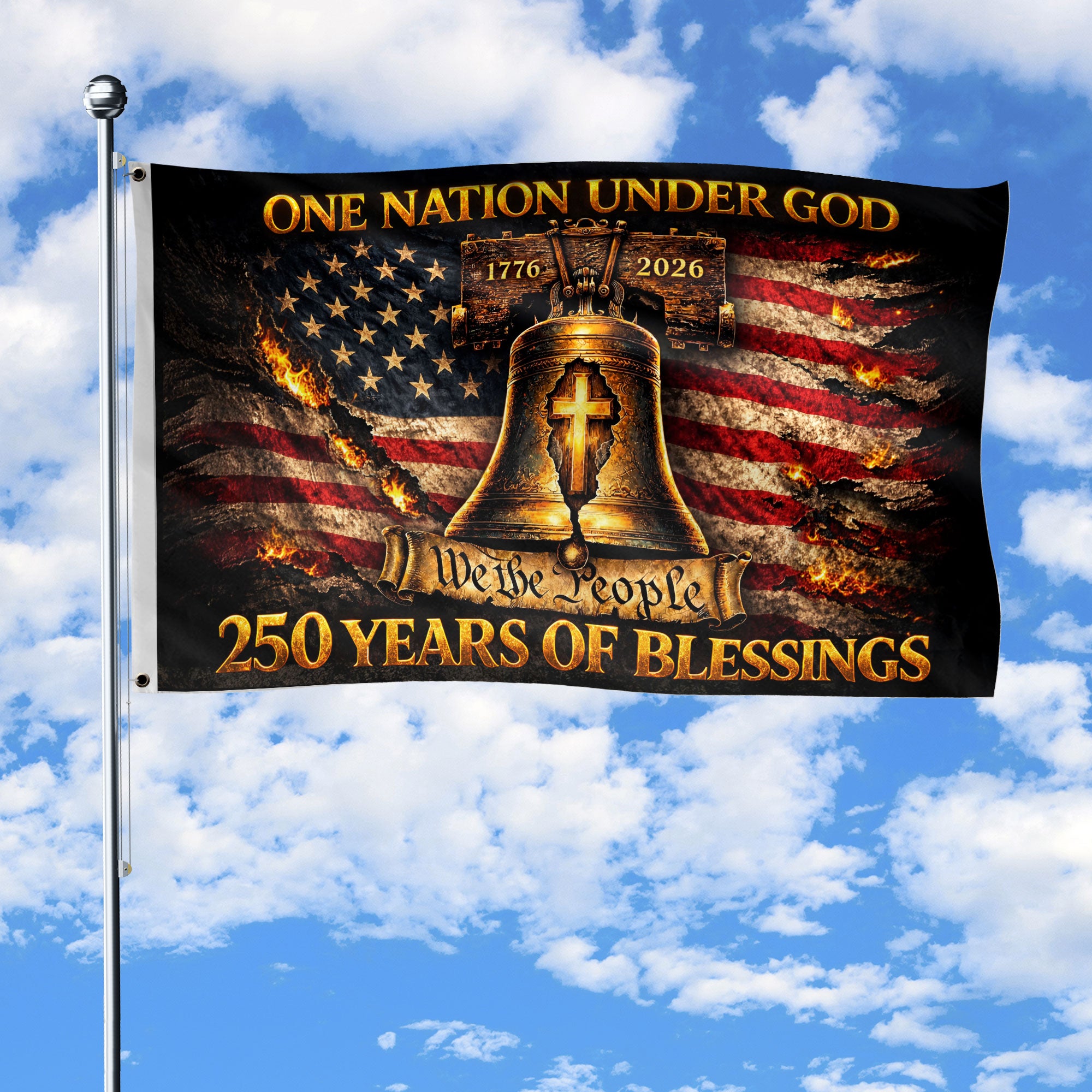 Patriotic Christian House Flag Liberty Bell Cross One Nation Under God We The People 1776-2026