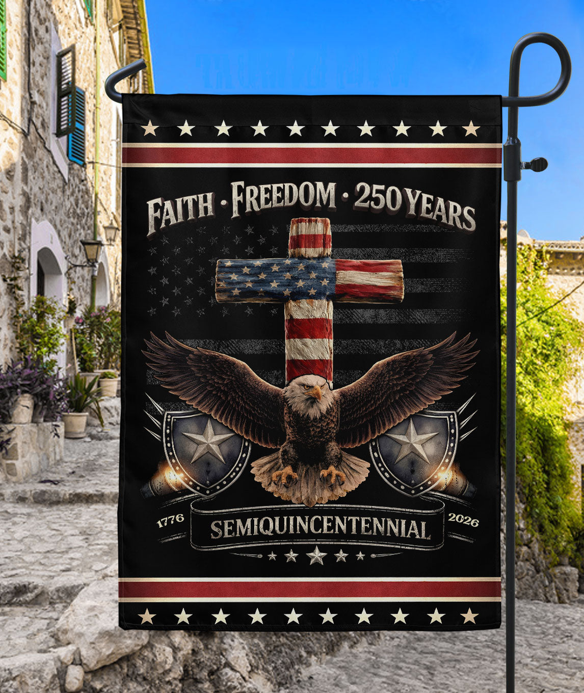 Patriotic One Nation Under God Garden Flag - 250th USA Anniversary Double-Sided Eagle Cross Design