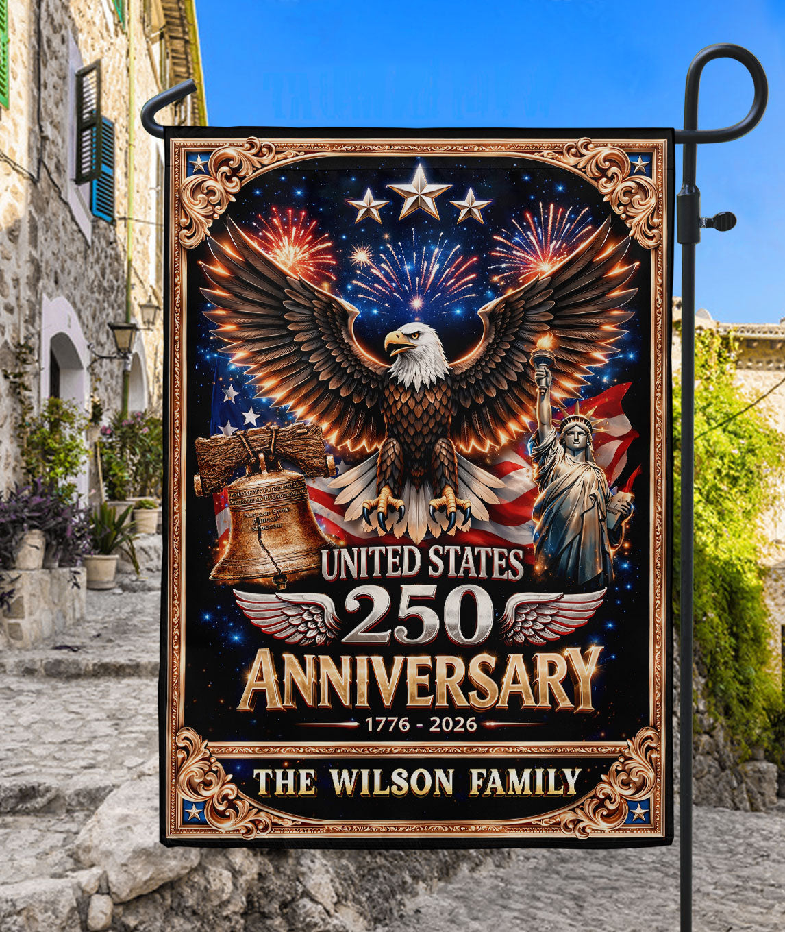 Personalized American Heritage Garden Flag 1776-2026 Eagle Liberty Bell Statue