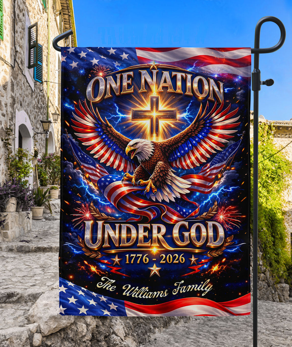 Personalized Faith & Freedom Garden Flag with Eagle Cross Motif 1776-2026 USA Tribute