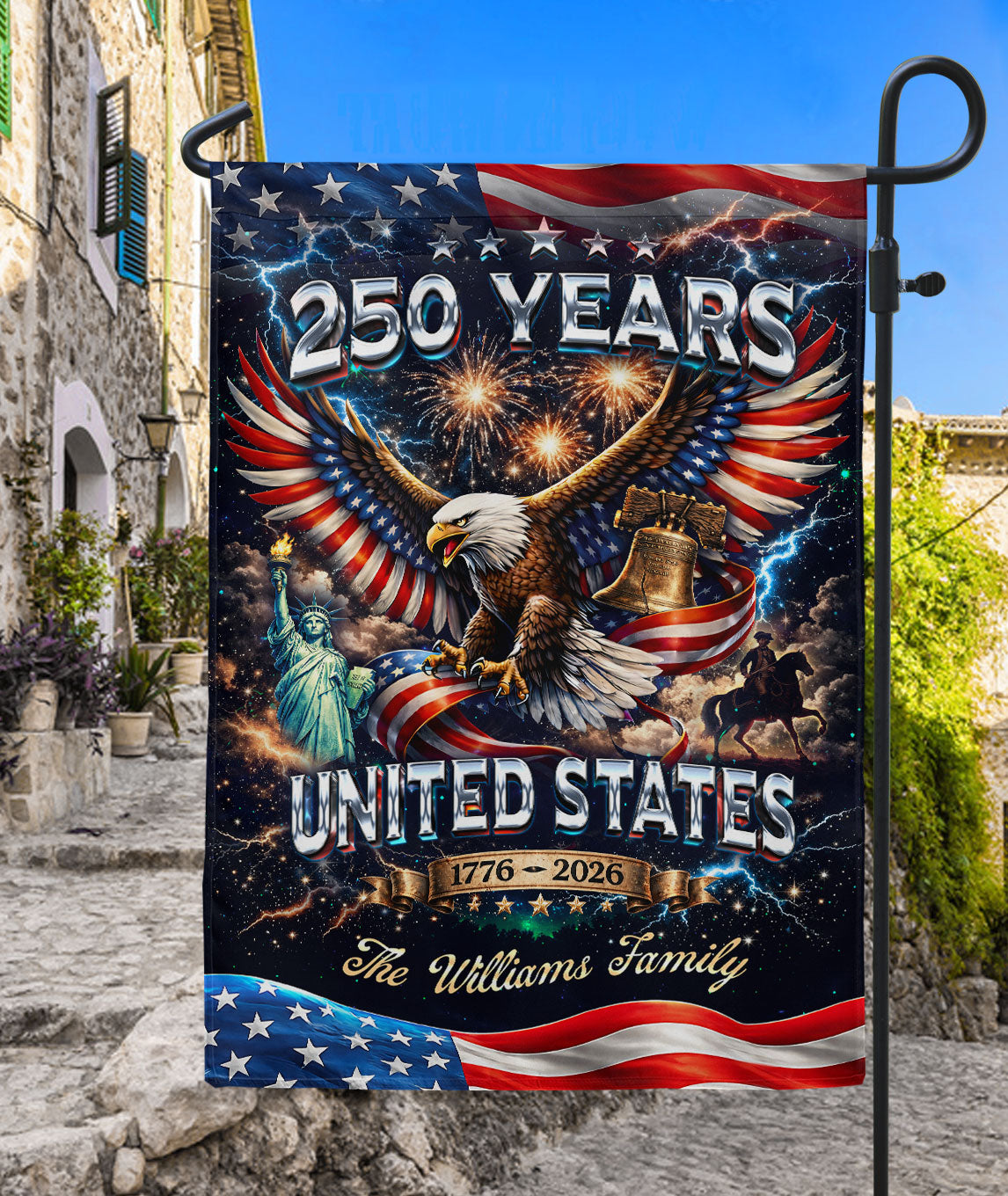 Personalized USA 250th Anniversary Garden Flag with Eagle Liberty Bell Statue Fireworks 1776-2026