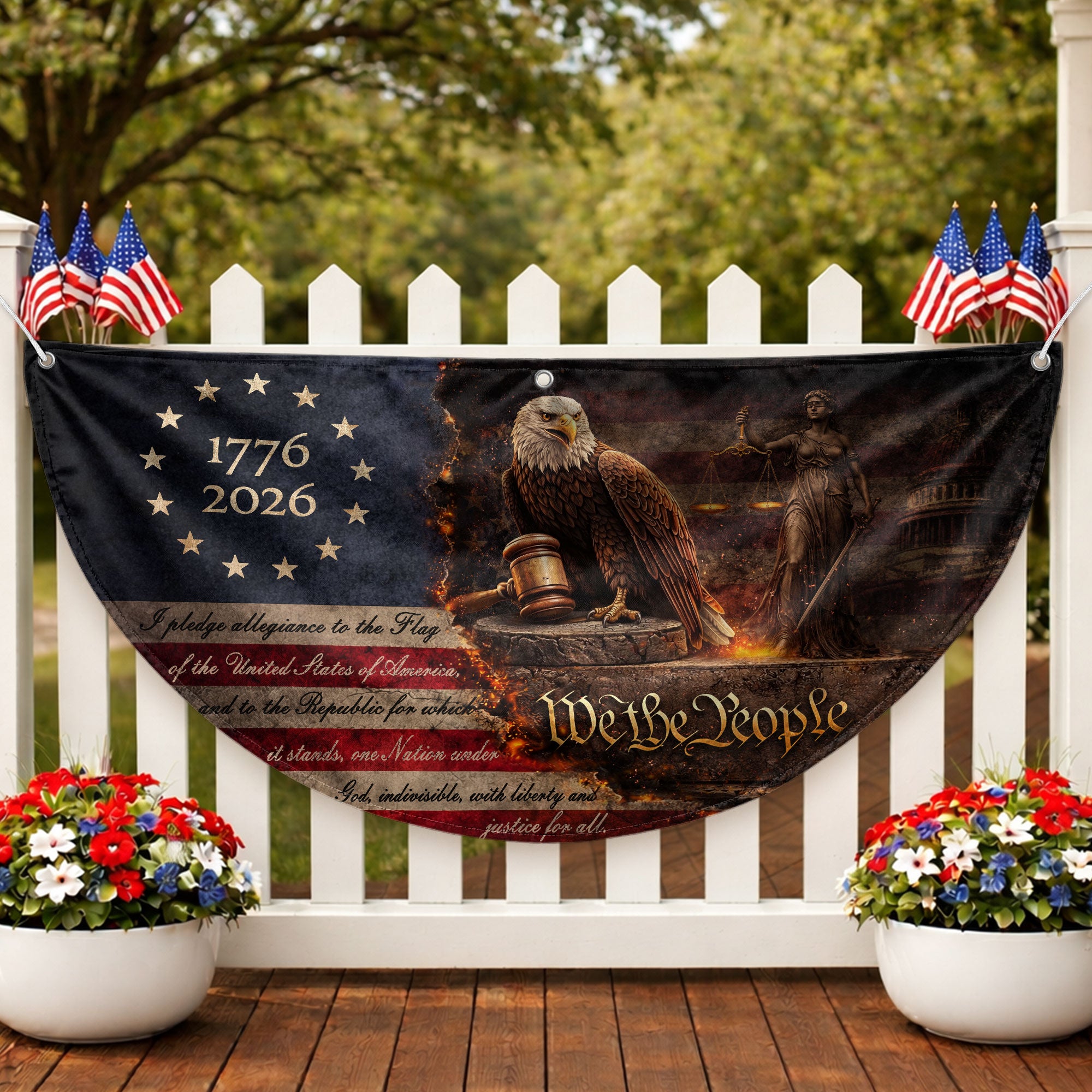 Pledge of Allegiance Fence Flag with Patriotic Eagle We The People 1776-2026