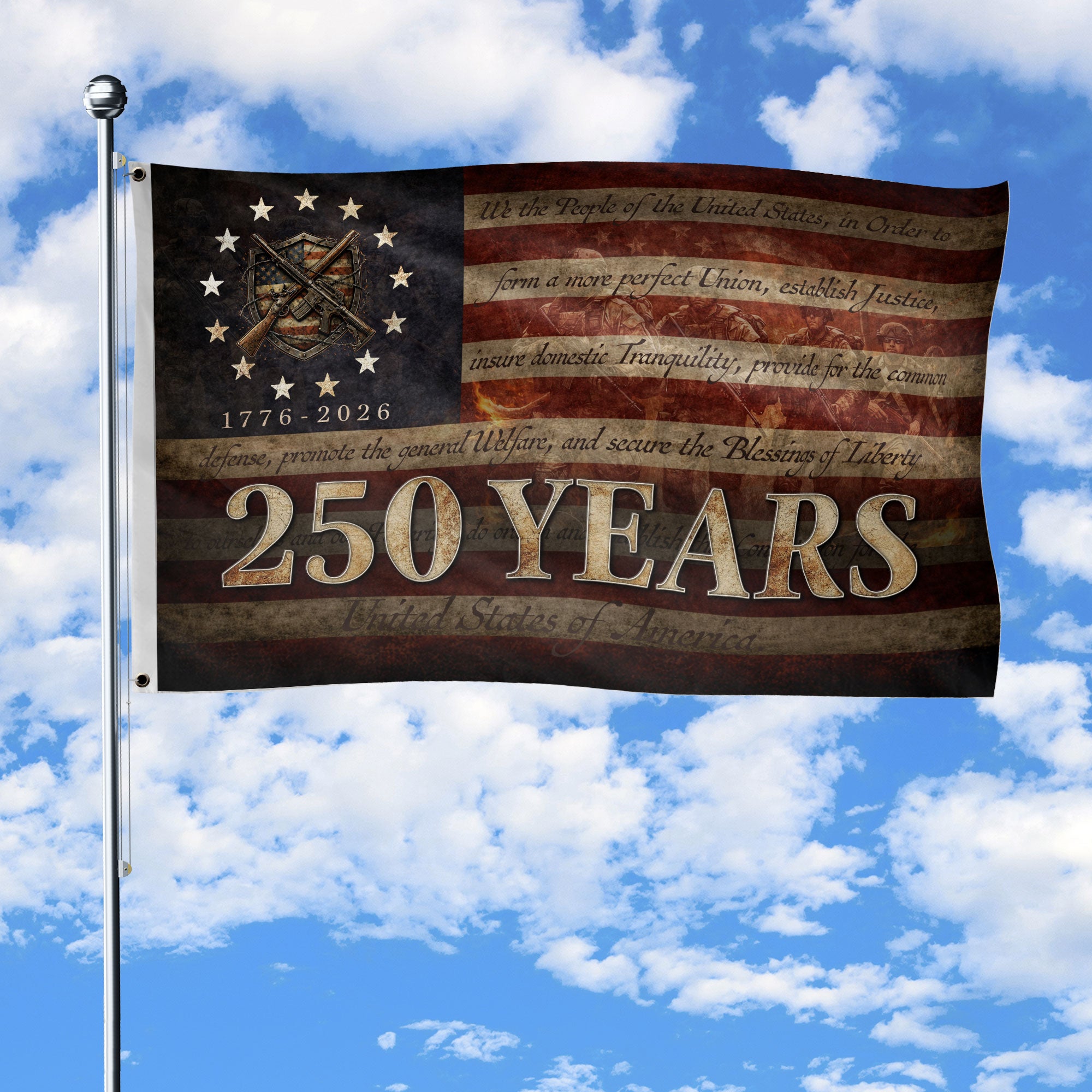 United States 250th Anniversary Flag 1776-2026 Tactical Metal Shield Crossed Rifles Patriotic