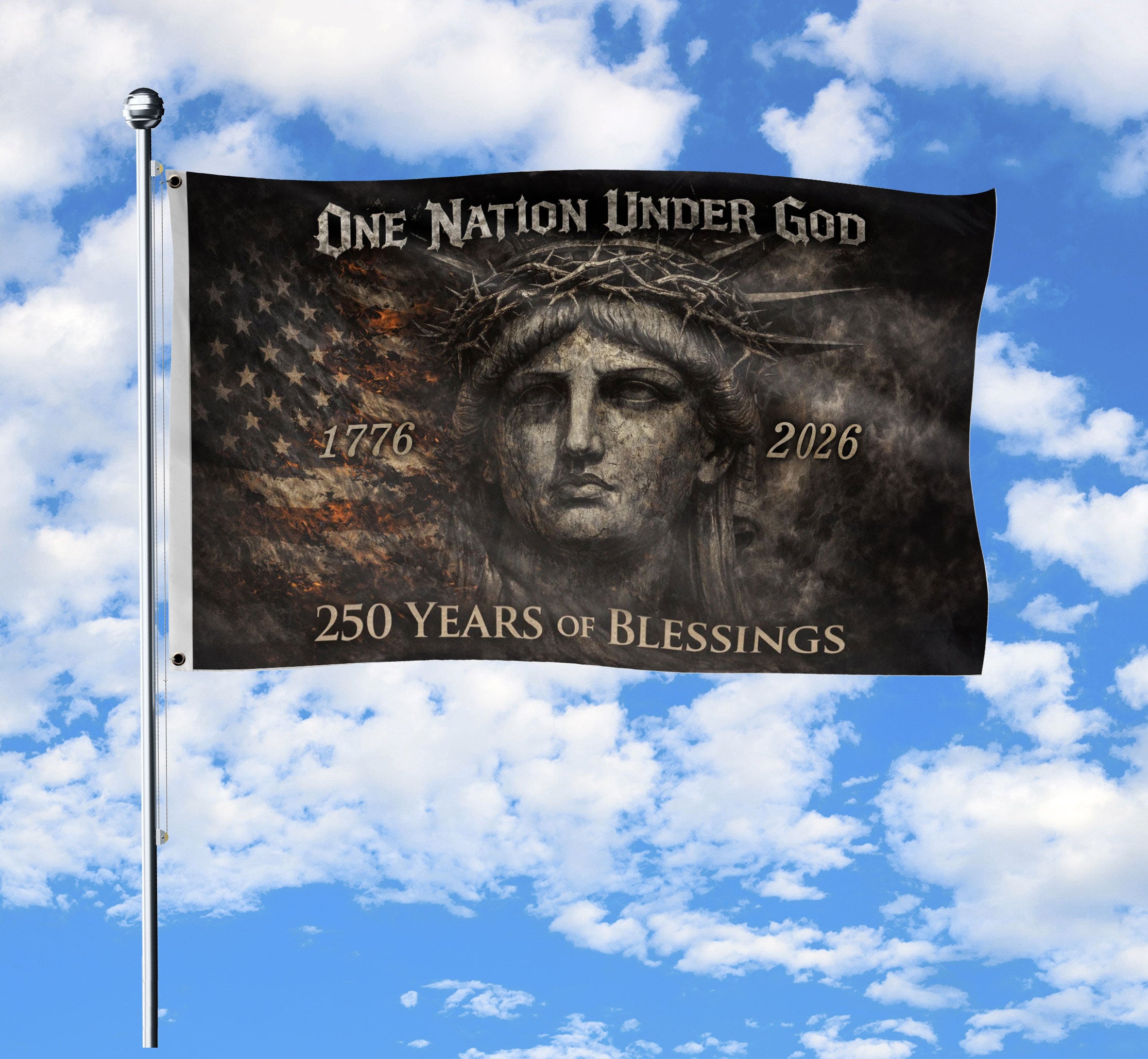USA 250th Anniversary 1776-2026 Double Sided Flag Lady Liberty Skull One Nation Under God