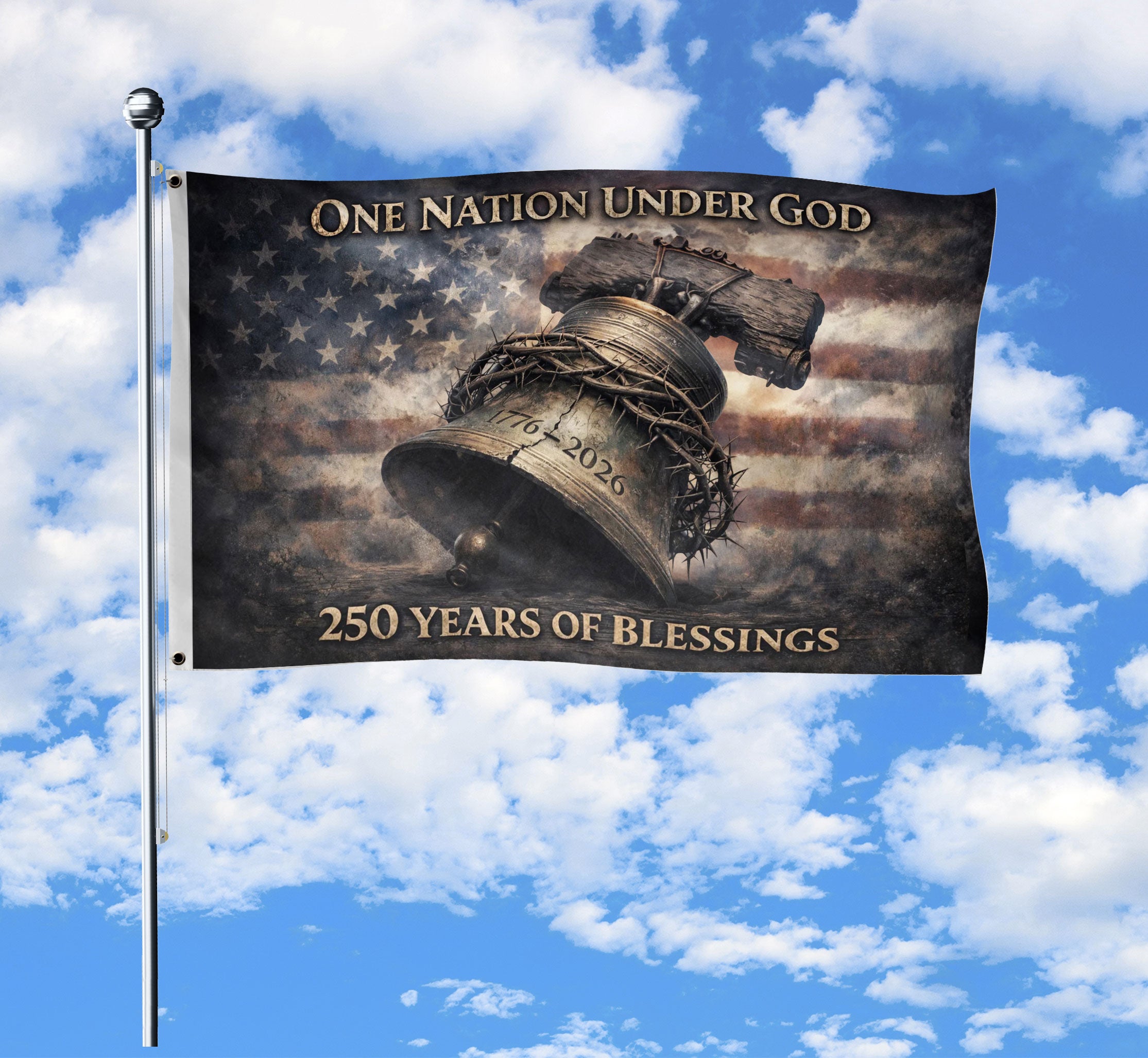 USA 250th Anniversary 1776-2026 Double Sided Patriotic Flag with Liberty Bell, Crown of Thorns, One Nation Under God